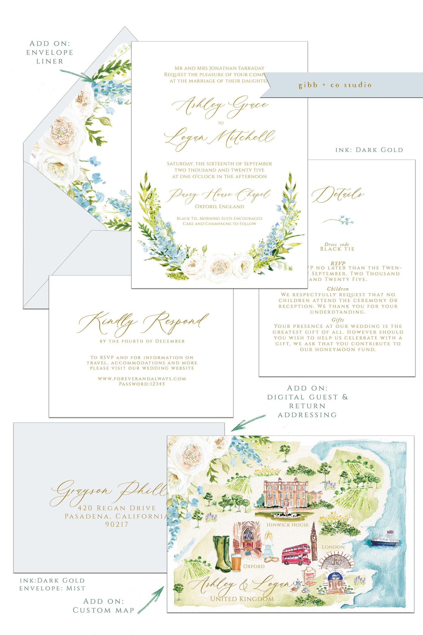 Floral wedding invitations, Semi Custom printed wedding invitations, blue, white, green, hand painted wedding set, rsvp, details