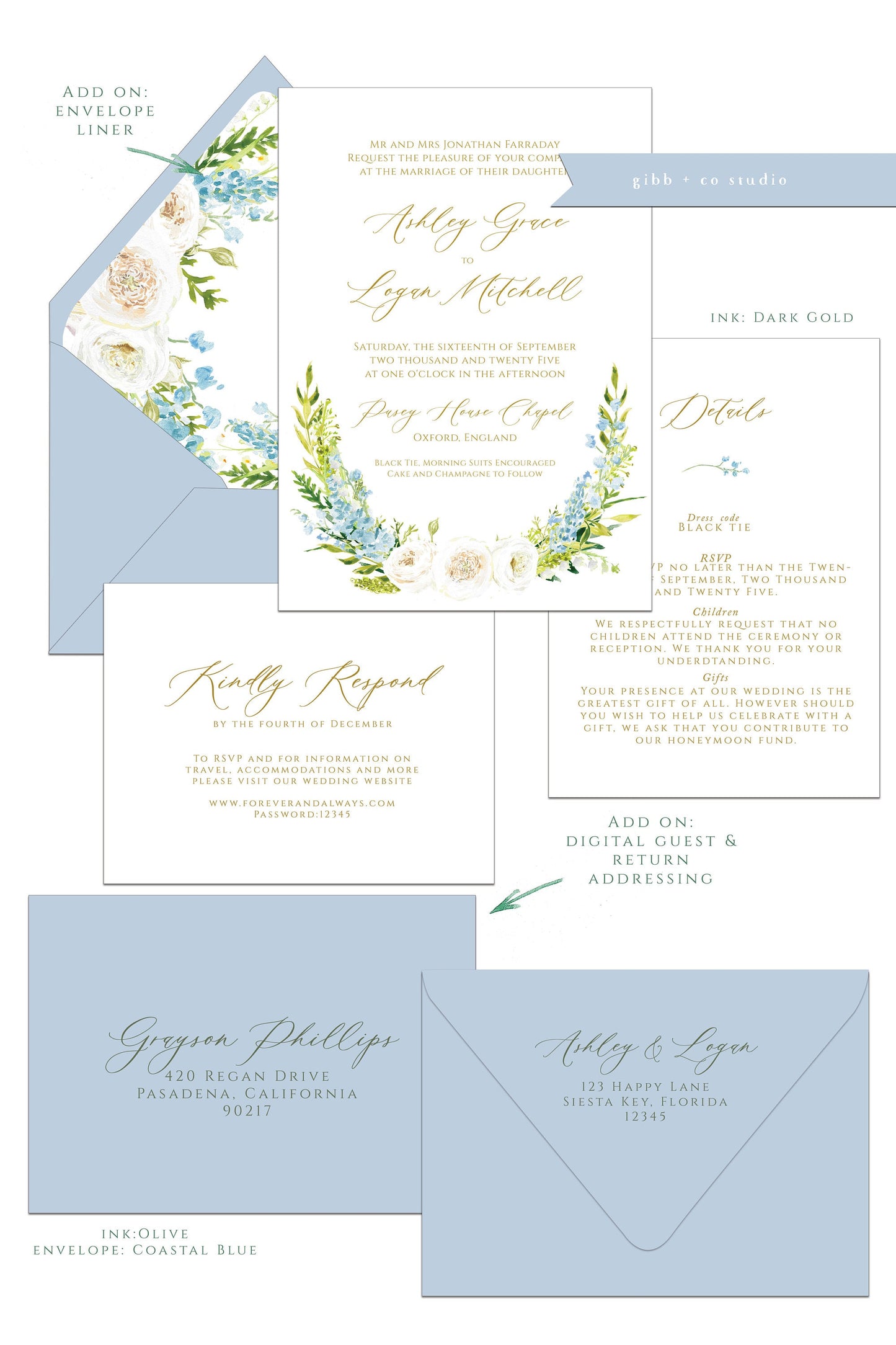 Floral wedding invitations, Semi Custom printed wedding invitations, blue, white, green, hand painted wedding set, rsvp, details