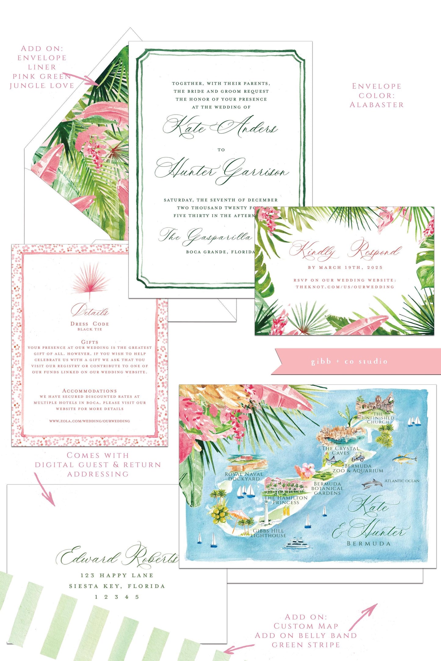 Tropical wedding invitations, beach wedding, Coastal wedding, Victoria Semi Custom wedding invites, rsvp, detail, watercolor palms, green