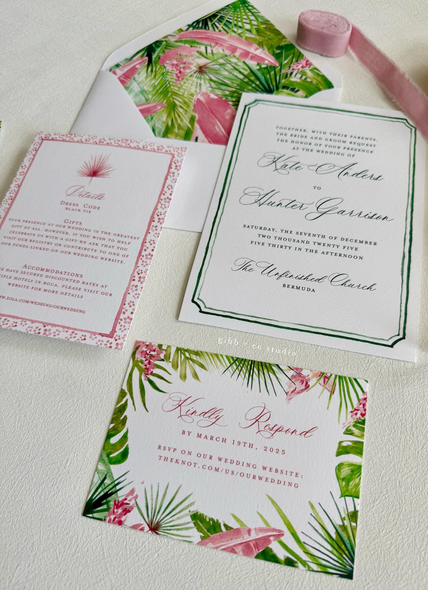 Tropical wedding invitations, beach wedding, Coastal wedding, Victoria Semi Custom wedding invites, rsvp, detail, watercolor palms, green