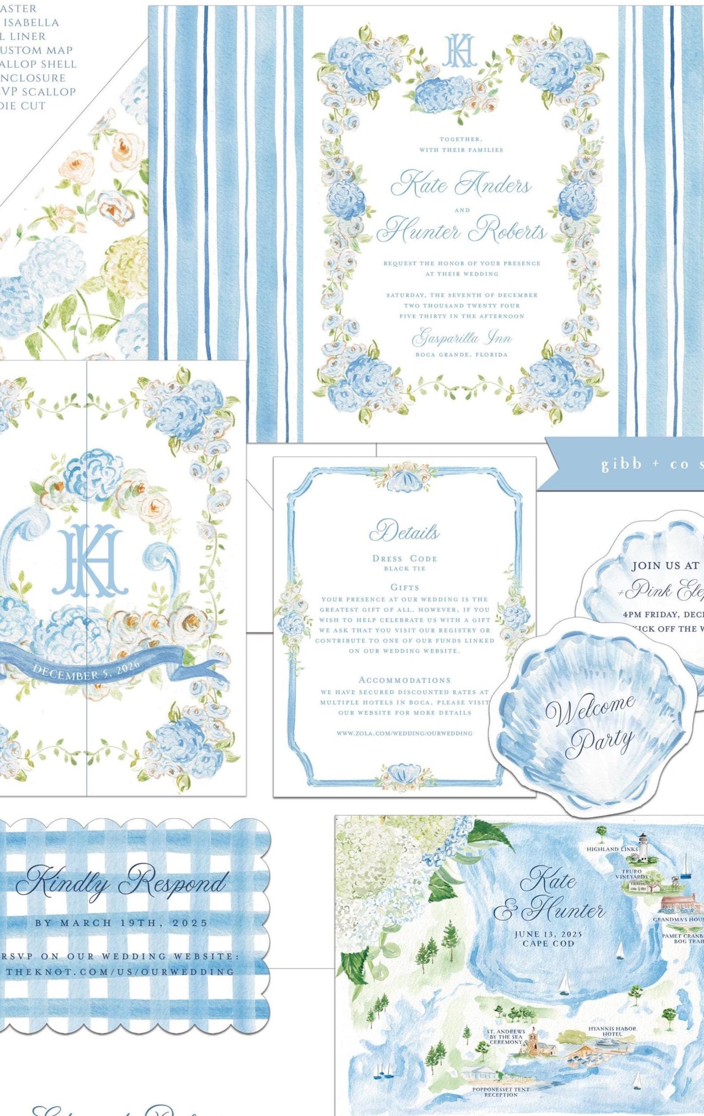 Georgina Coastal wedding invitation, blue hydrangea, beach wedding, coastal wedding, watercolor Semi Custom wedding set, deposit only