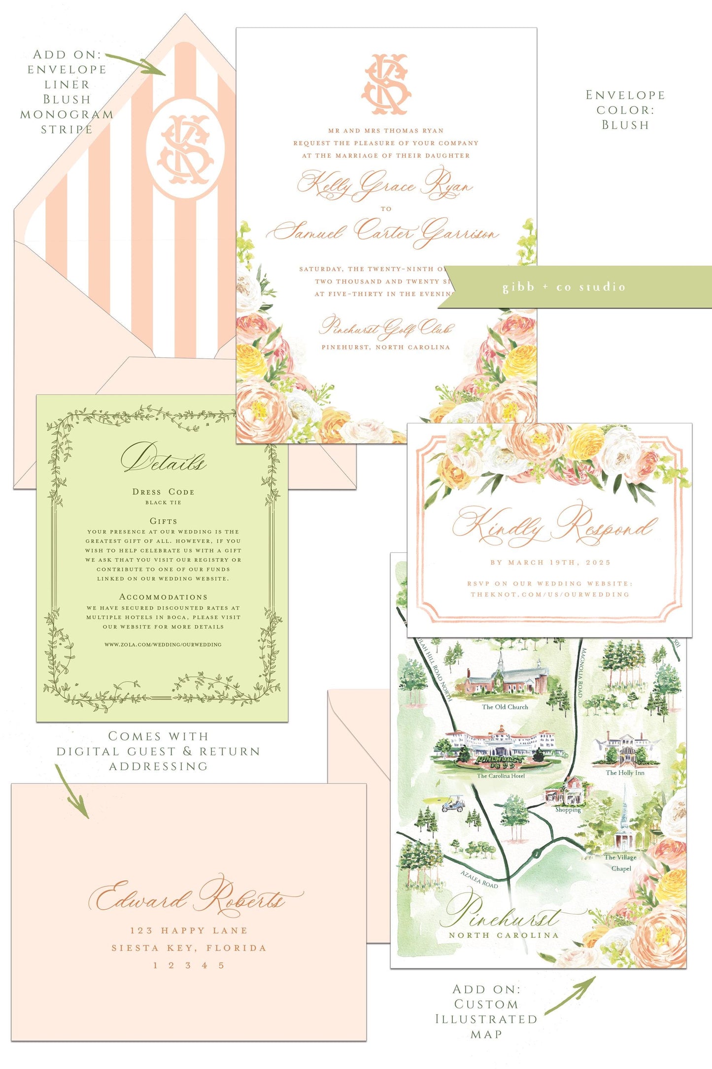 Floral wedding invitations, garden wedding, Julie Semi Custom wedding invites, rsvp, detail, peony, roses, watercolor floral invitation