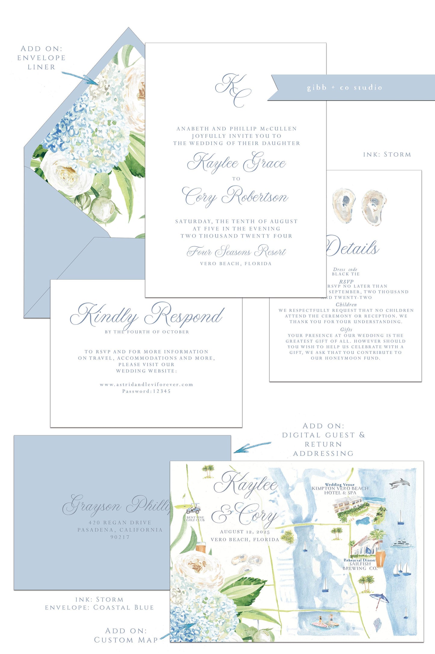 Coastal wedding invitations, blue hydrangeas, Semi Custom printed wedding invites, floral watercolor, wedding invites, rsvp, details