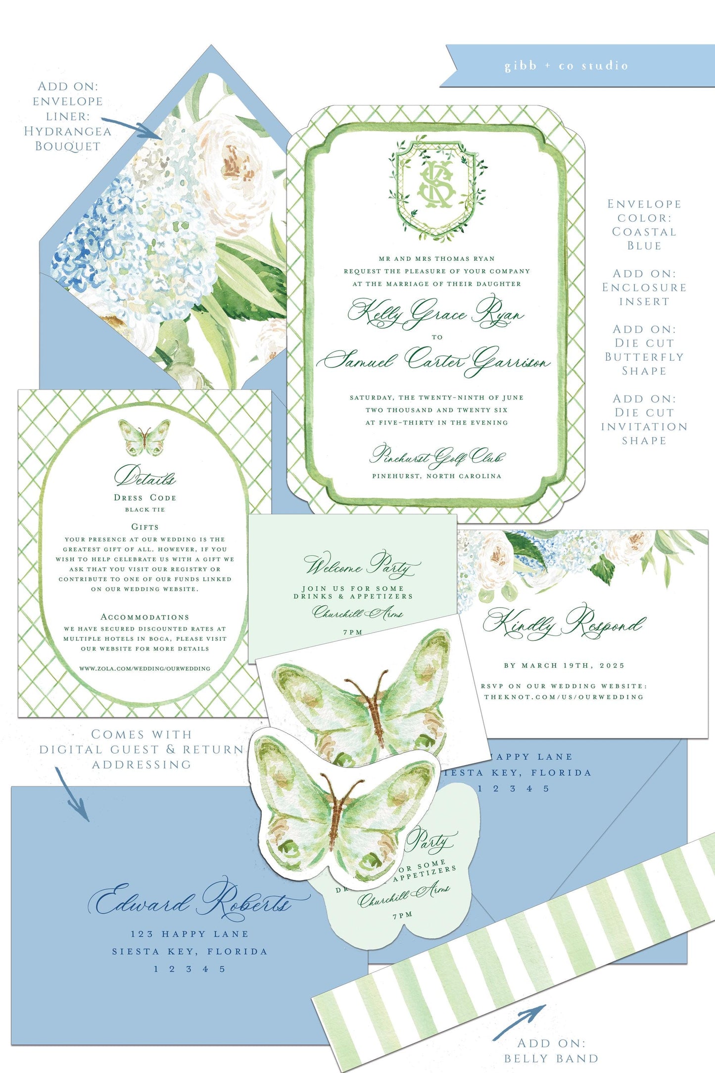 Lauren Coastal wedding invitation, blue hydrangea, beach wedding, coastal wedding, watercolor wedding, Semi Custom wedding set, Nantucket