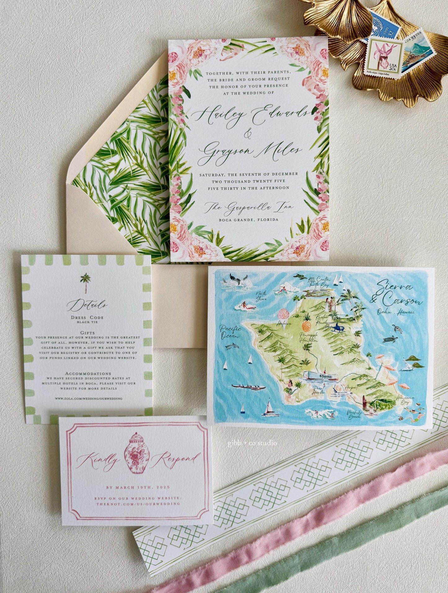 Tropical wedding invitations, beach wedding, Coastal wedding, Katie Semi Custom wedding invites, rsvp, detail, peony, watercolor pink floral