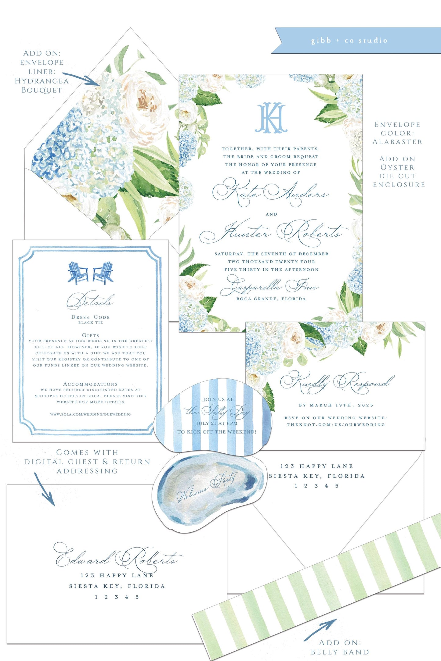 Elise Coastal wedding invitation, blue hydrangea, beach wedding, coastal wedding, watercolor wedding, Semi Custom wedding set, Nantucket
