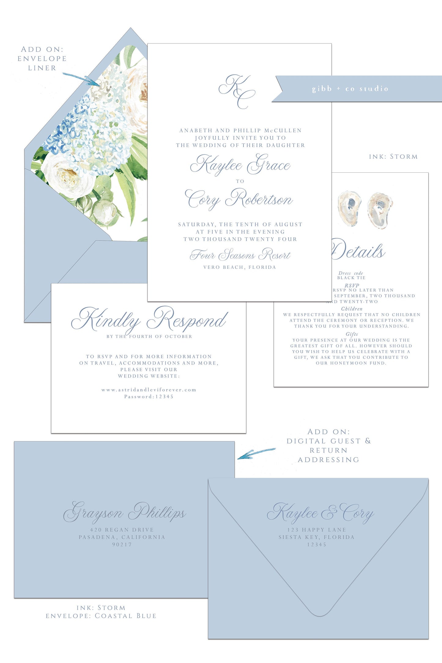Coastal wedding invitations, blue hydrangeas, Semi Custom printed wedding invites, floral watercolor, wedding invites, rsvp, details
