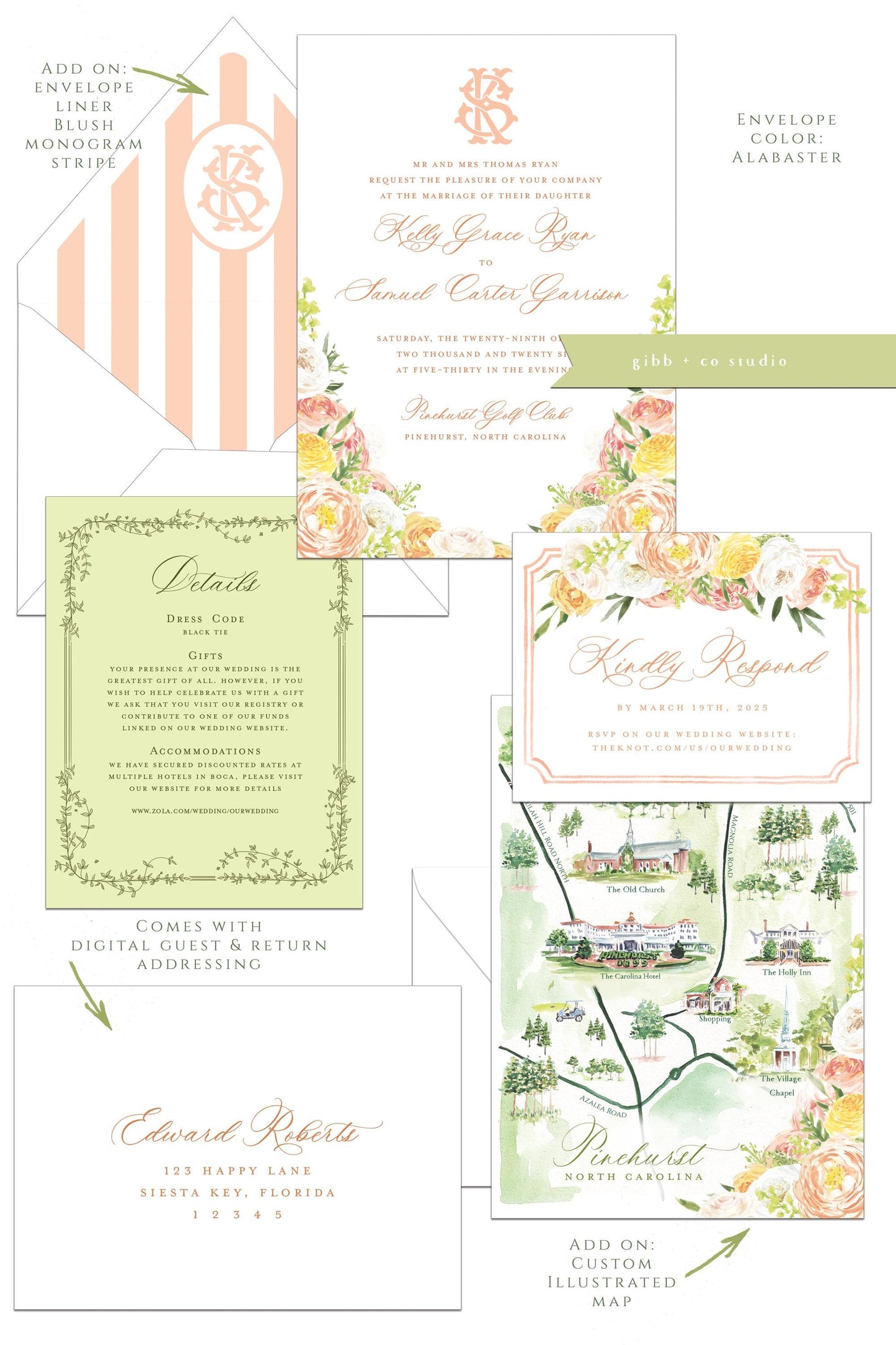 Floral wedding invitations, garden wedding, Julie Semi Custom wedding invites, rsvp, detail, peony, roses, watercolor floral invitation