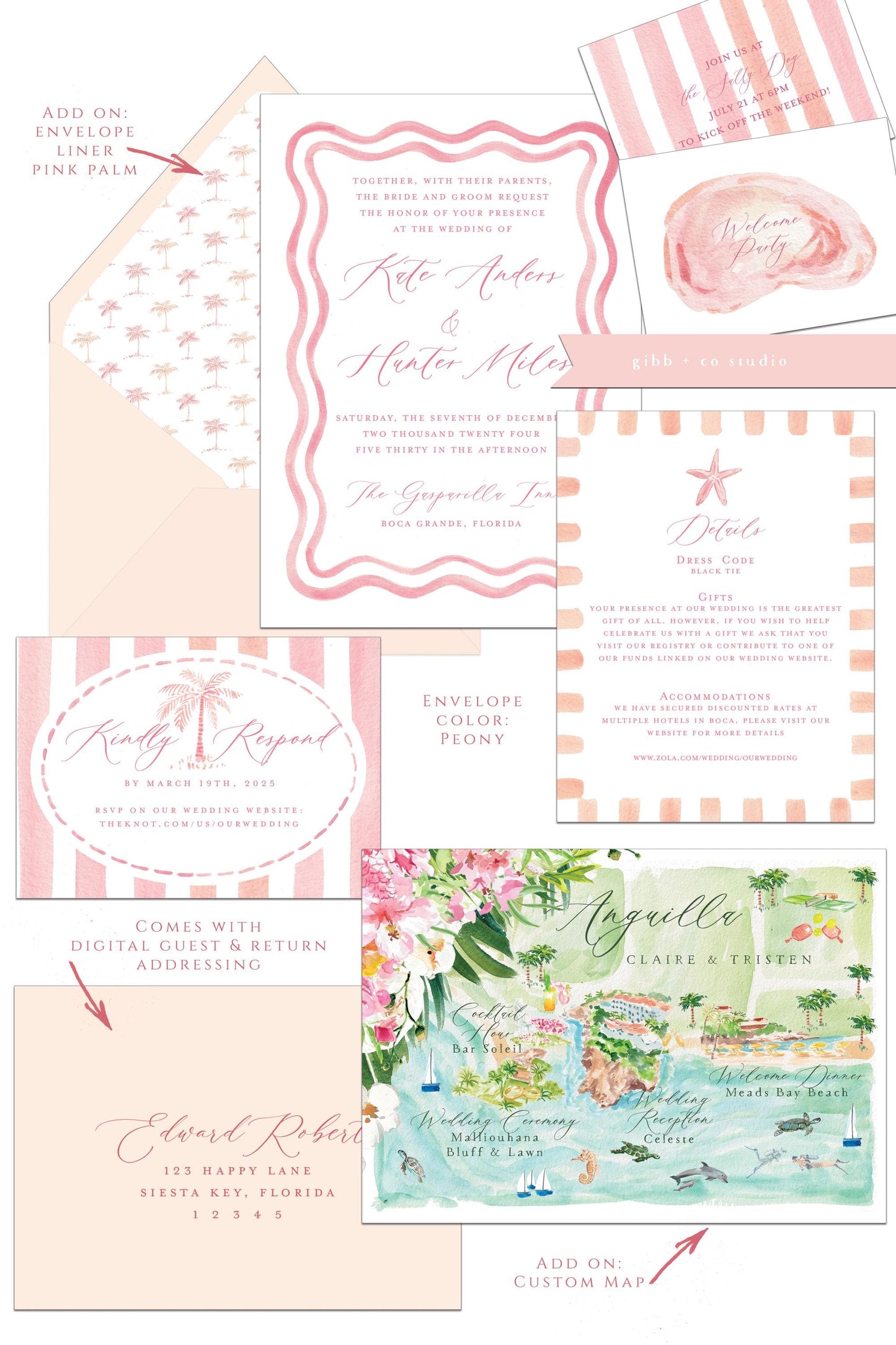 Pink Coastal wedding invitations, beach wedding, Bliss Semi Custom wedding invites, wedding invites, rsvp, wedding details card, watercolor