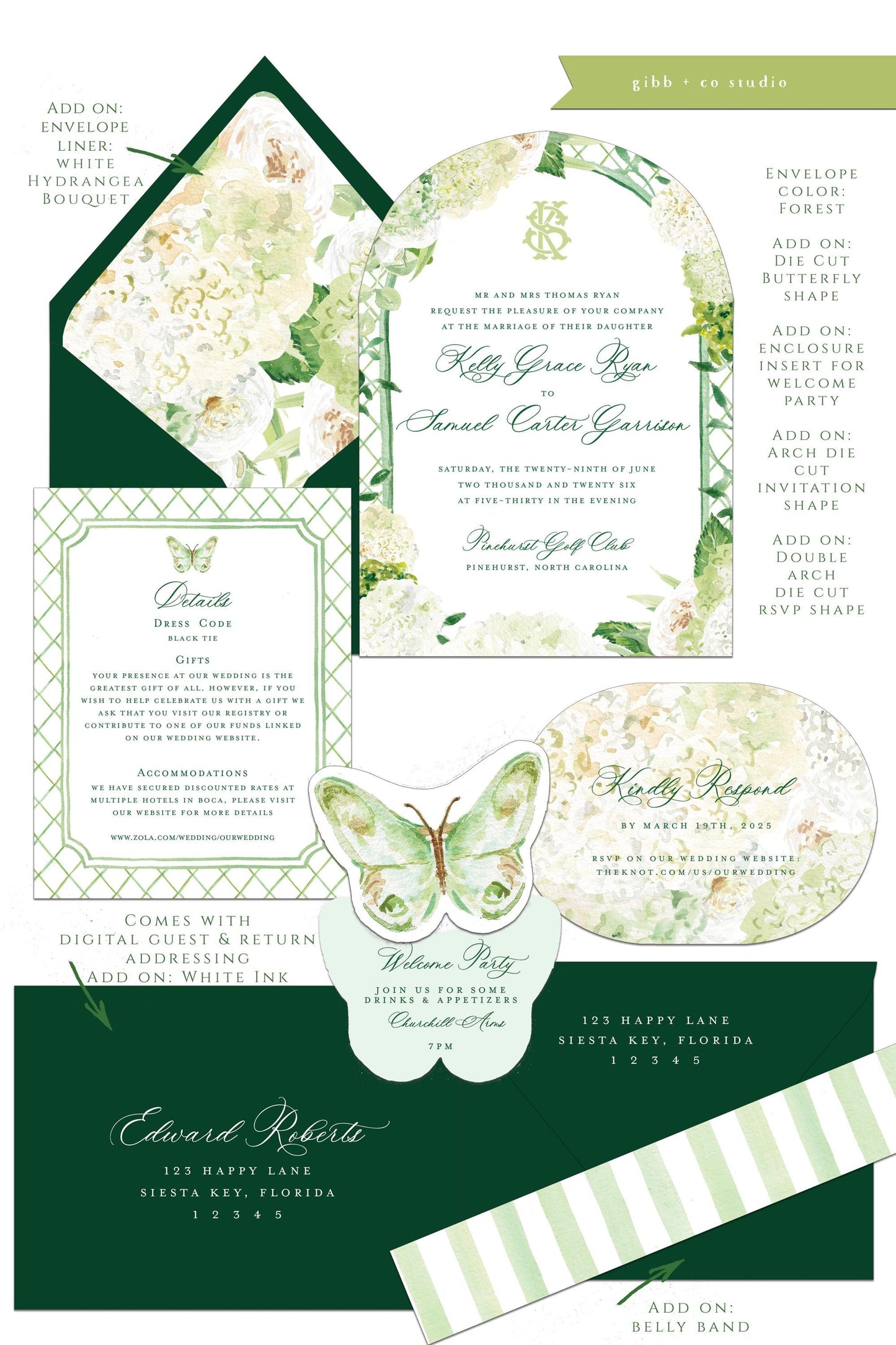 Evelyn Coastal wedding invitation, white hydrangea, beach wedding, coastal wedding, watercolor wedding, Semi Custom wedding set, garden