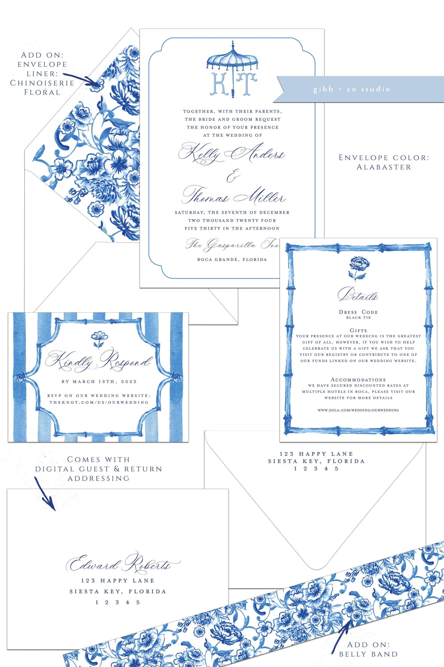 Maria Chinoiserie wedding invitation, blue floral, blue wedding, coastal watercolor wedding, Semi Custom wedding set, Blue Chinoiserie