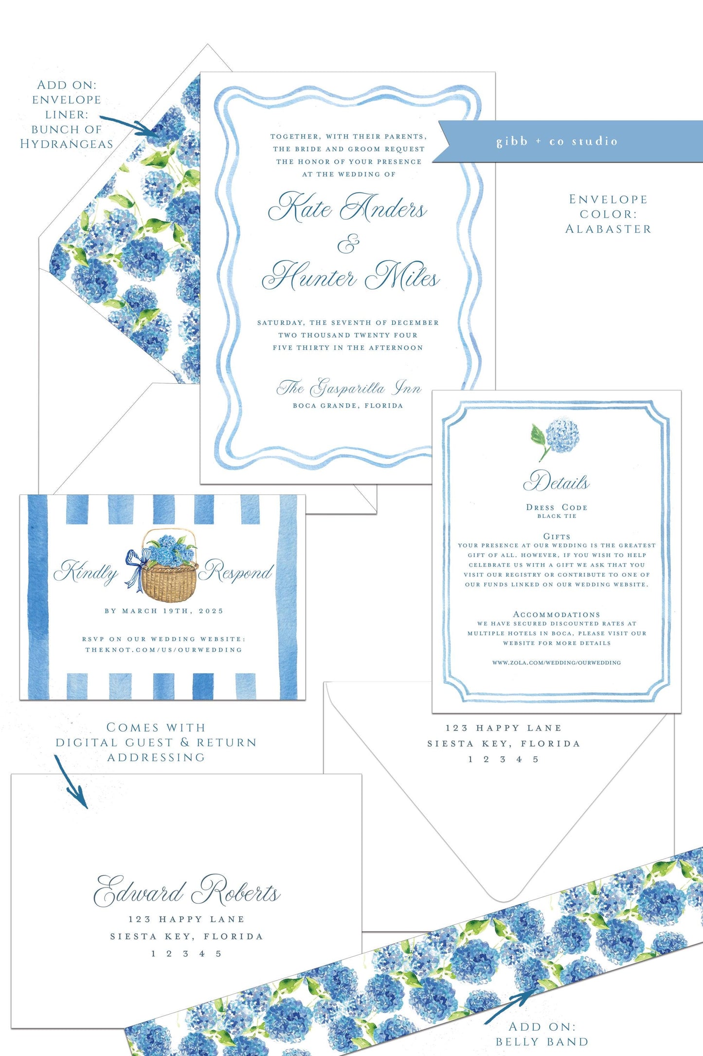 Anna Coastal wedding invitation, blue hydrangea, beach wedding, coastal wedding, watercolor wedding, Semi Custom wedding set, Nantucket