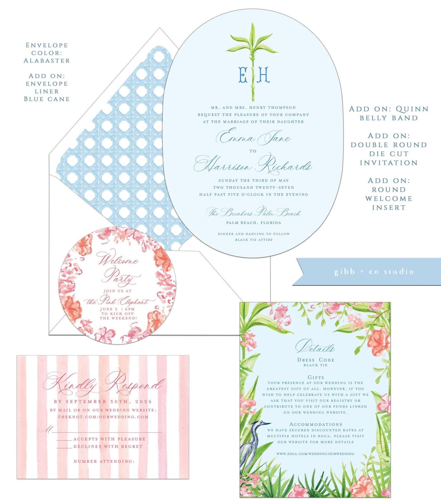 Quinn wedding set with white envelopes and custom options like blue cane envelope liner and belly band