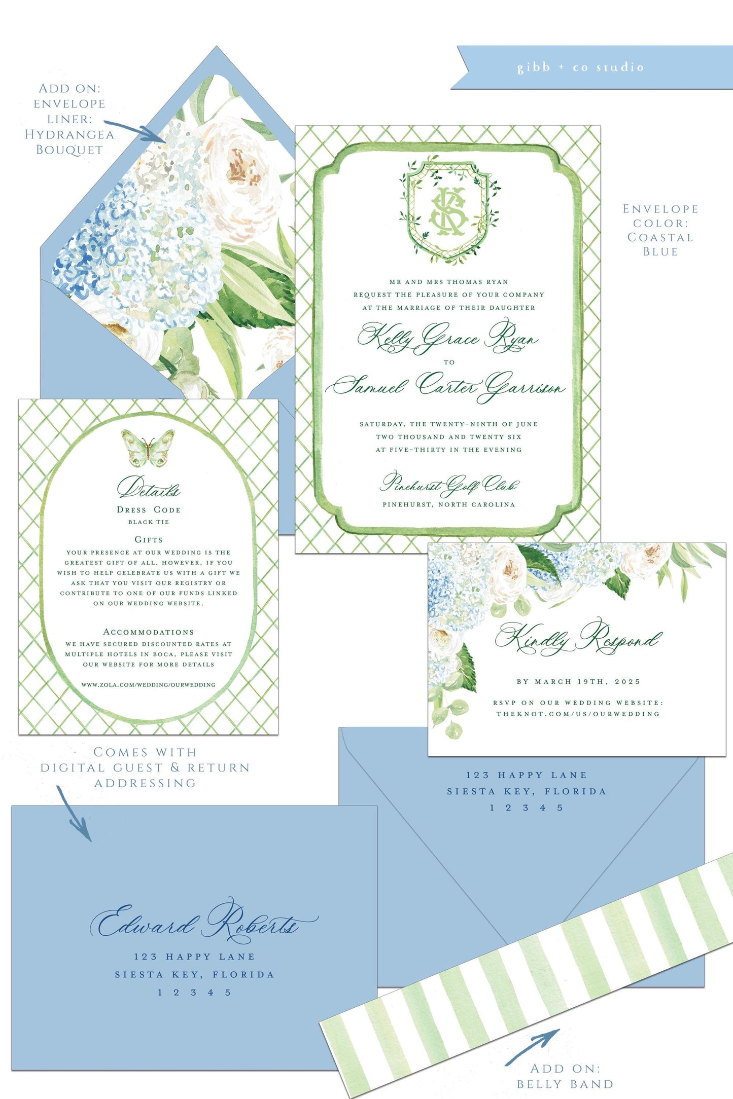 Lauren Coastal wedding invitation, blue hydrangea, beach wedding, coastal wedding, watercolor wedding, Semi Custom wedding set, Nantucket