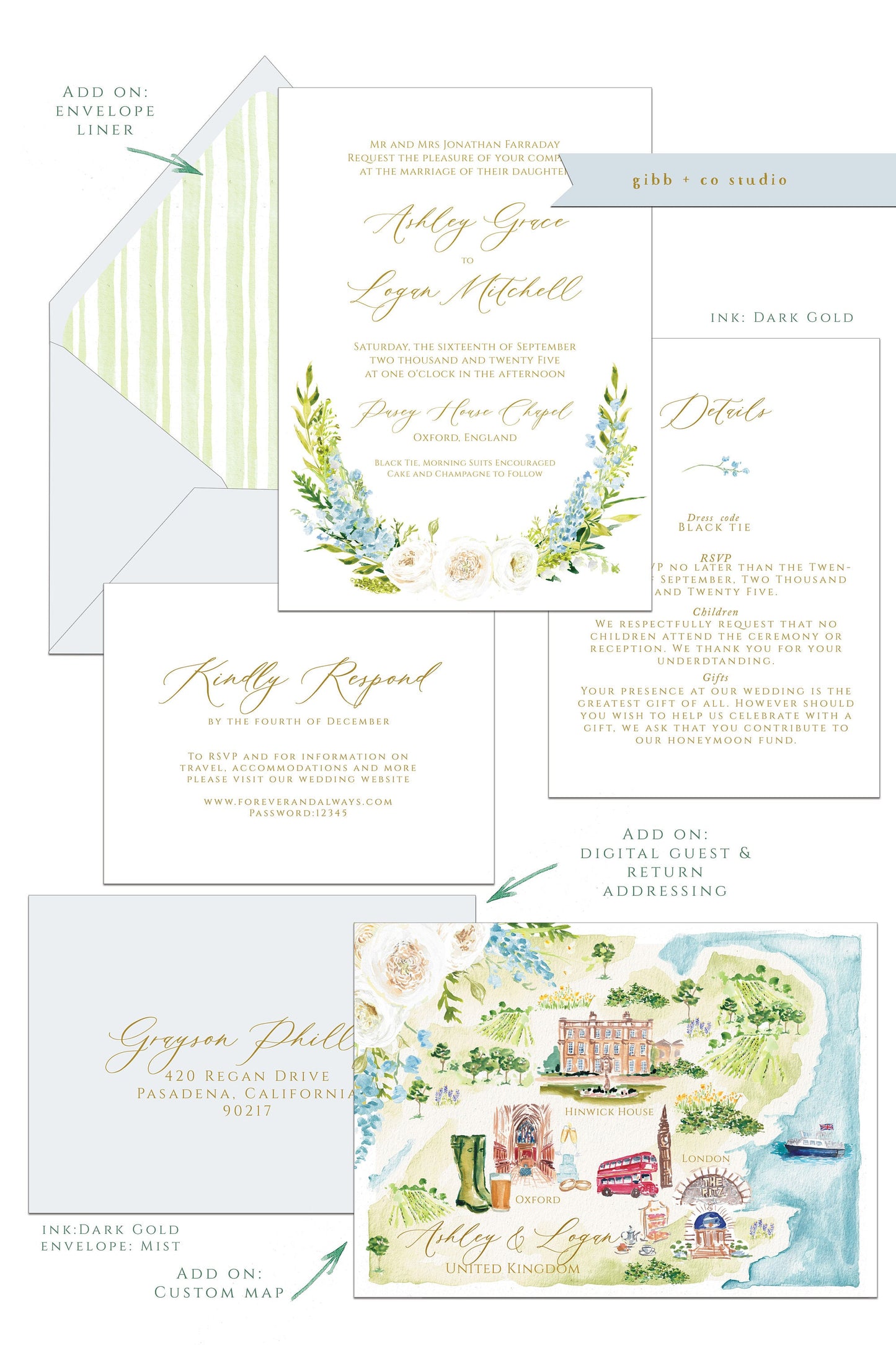 Floral wedding invitations, Semi Custom printed wedding invitations, blue, white, green, hand painted wedding set, rsvp, details