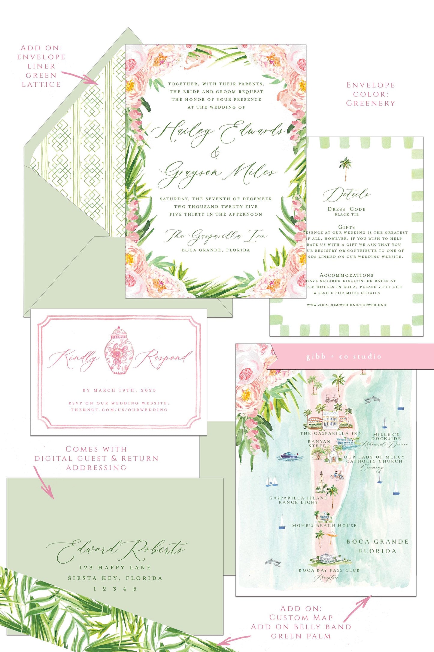 Tropical wedding invitations, beach wedding, Coastal wedding, Katie Semi Custom wedding invites, rsvp, detail, peony, watercolor pink floral