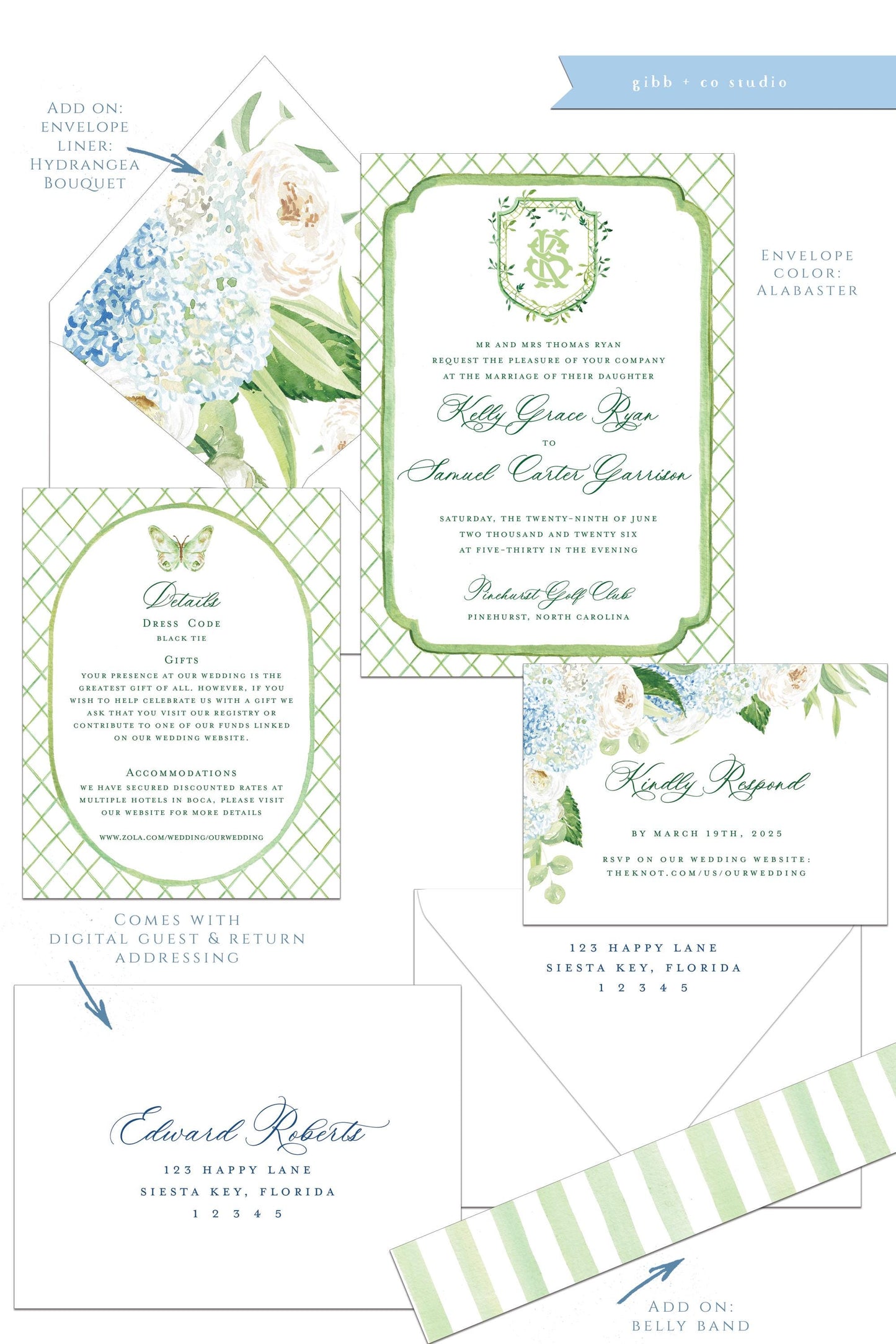Lauren Coastal wedding invitation, blue hydrangea, beach wedding, coastal wedding, watercolor wedding, Semi Custom wedding set, Nantucket