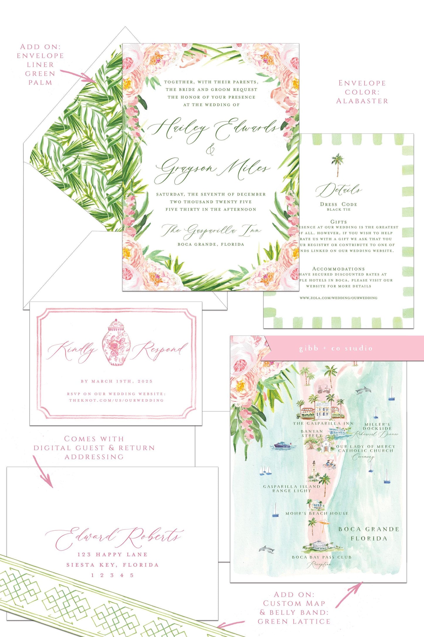 Tropical wedding invitations, beach wedding, Coastal wedding, Katie Semi Custom wedding invites, rsvp, detail, peony, watercolor pink floral
