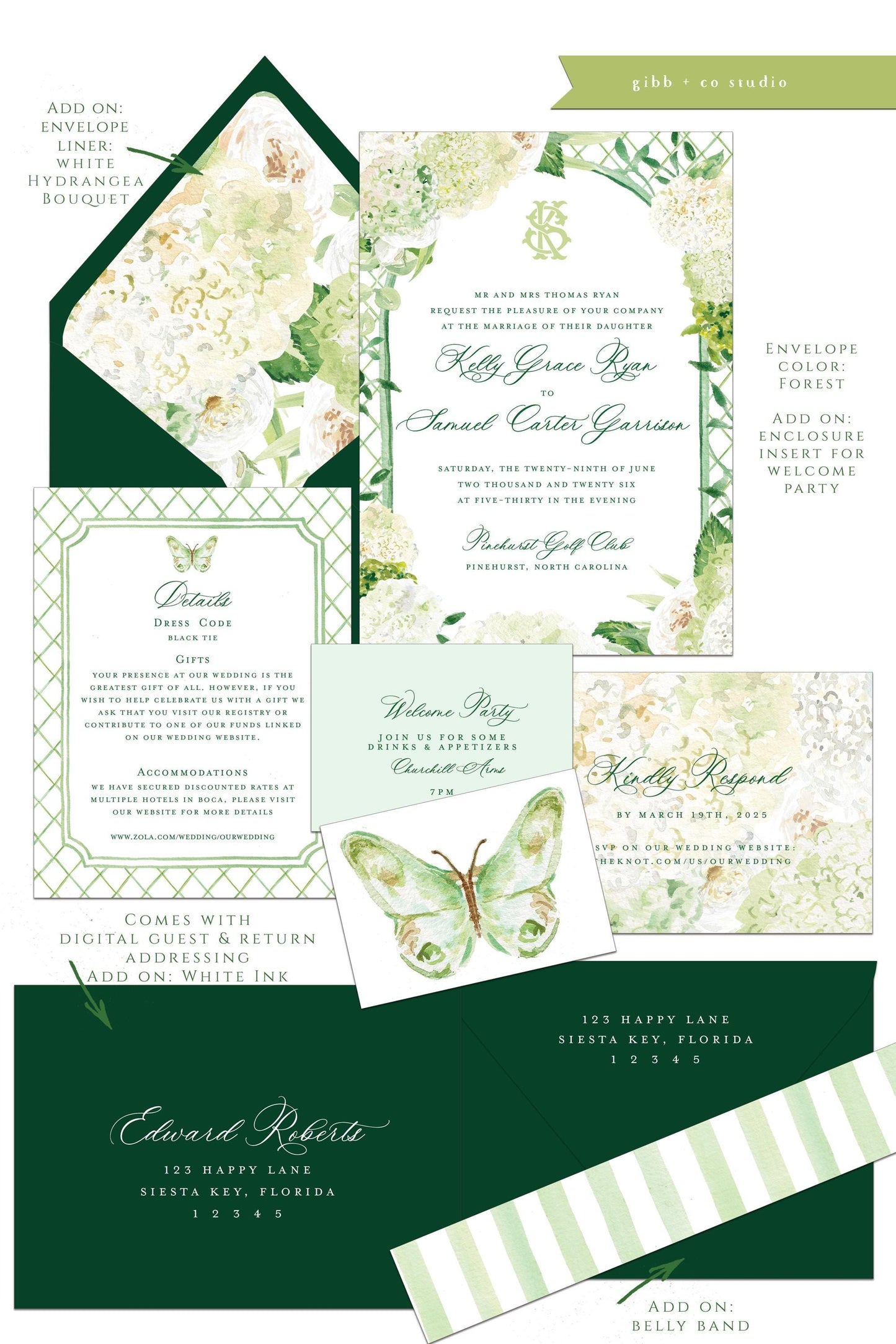 Evelyn Coastal wedding invitation, white hydrangea, beach wedding, coastal wedding, watercolor wedding, Semi Custom wedding set, garden