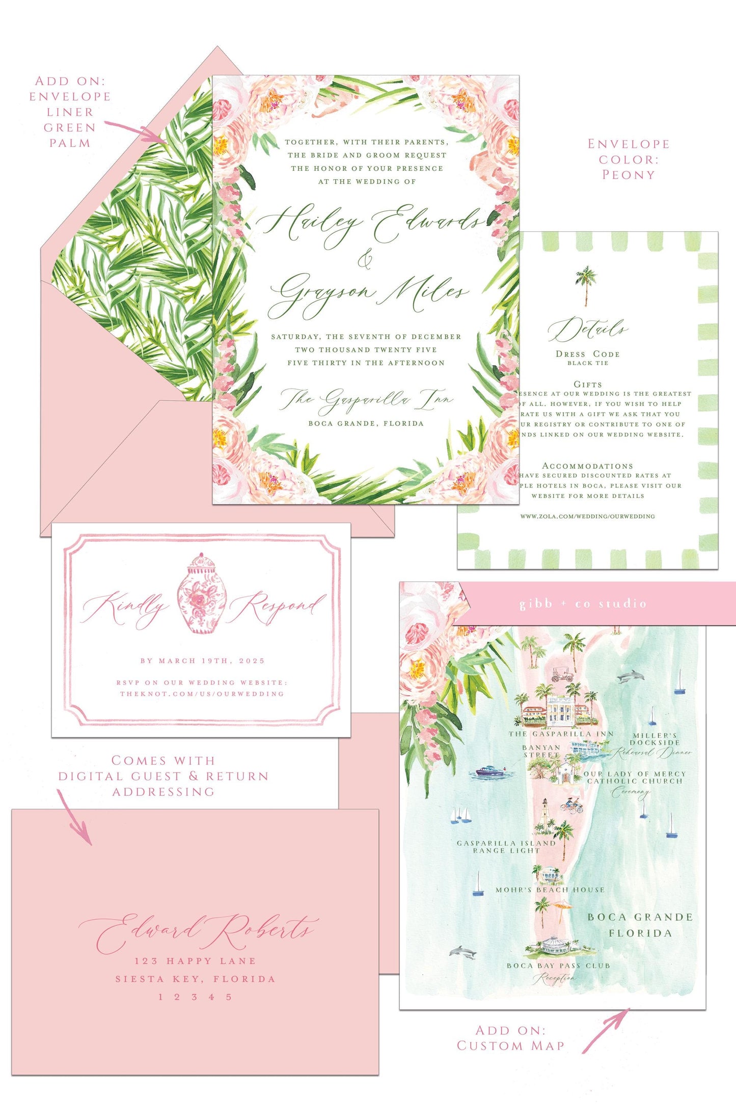 Tropical wedding invitations, beach wedding, Coastal wedding, Katie Semi Custom wedding invites, rsvp, detail, peony, watercolor pink floral