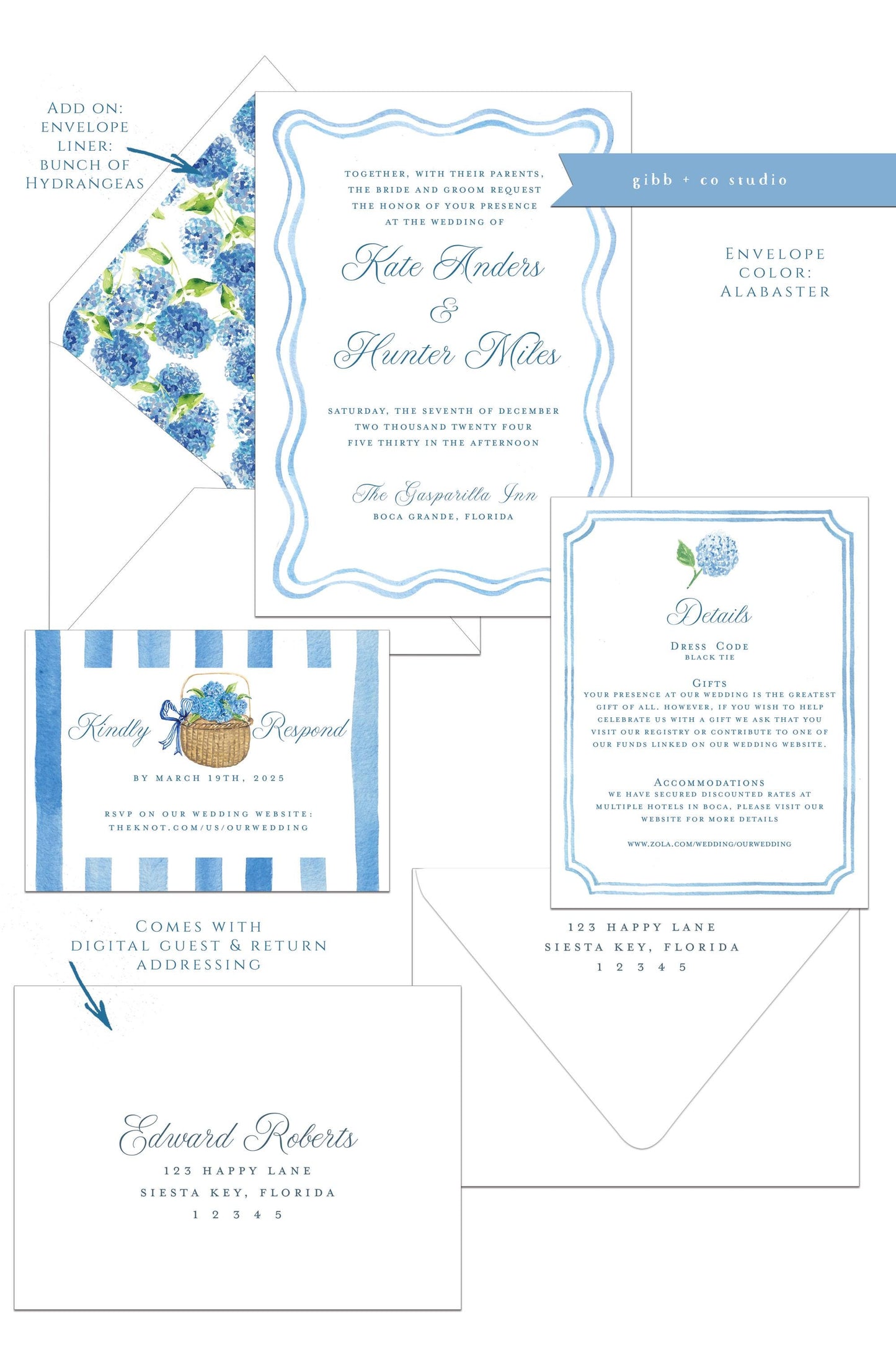 Anna Coastal wedding invitation, blue hydrangea, beach wedding, coastal wedding, watercolor wedding, Semi Custom wedding set, Nantucket