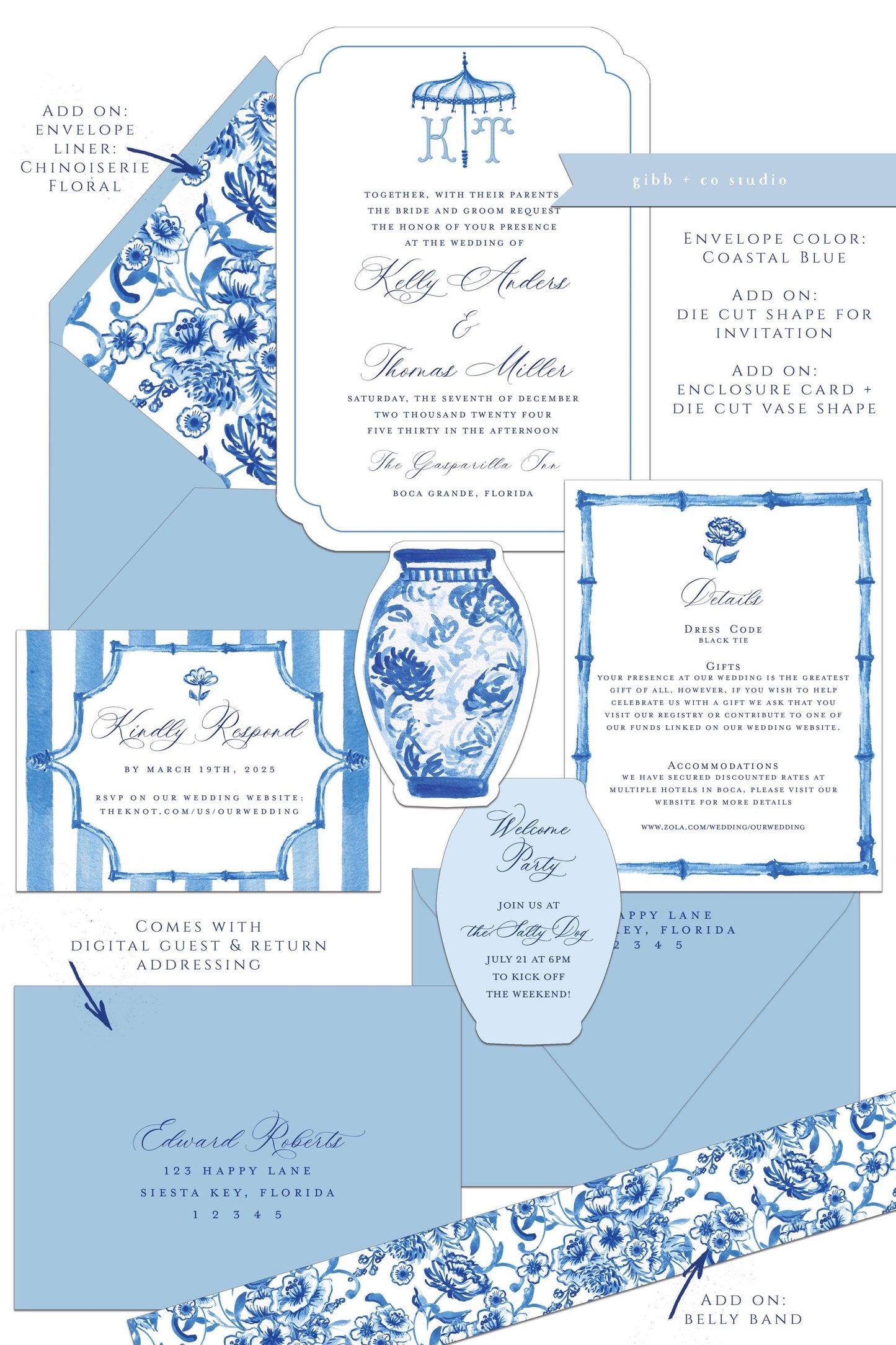 Maria Chinoiserie wedding invitation, blue floral, blue wedding, coastal watercolor wedding, Semi Custom wedding set, Blue Chinoiserie