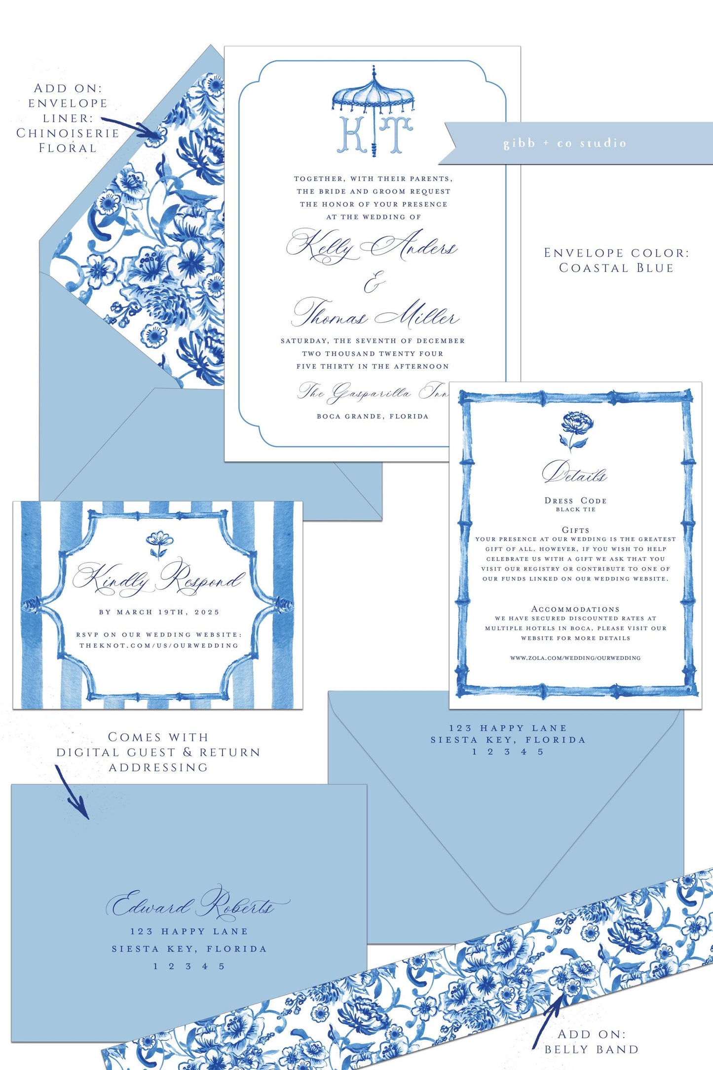 Maria Chinoiserie wedding invitation, blue floral, blue wedding, coastal watercolor wedding, Semi Custom wedding set, Blue Chinoiserie