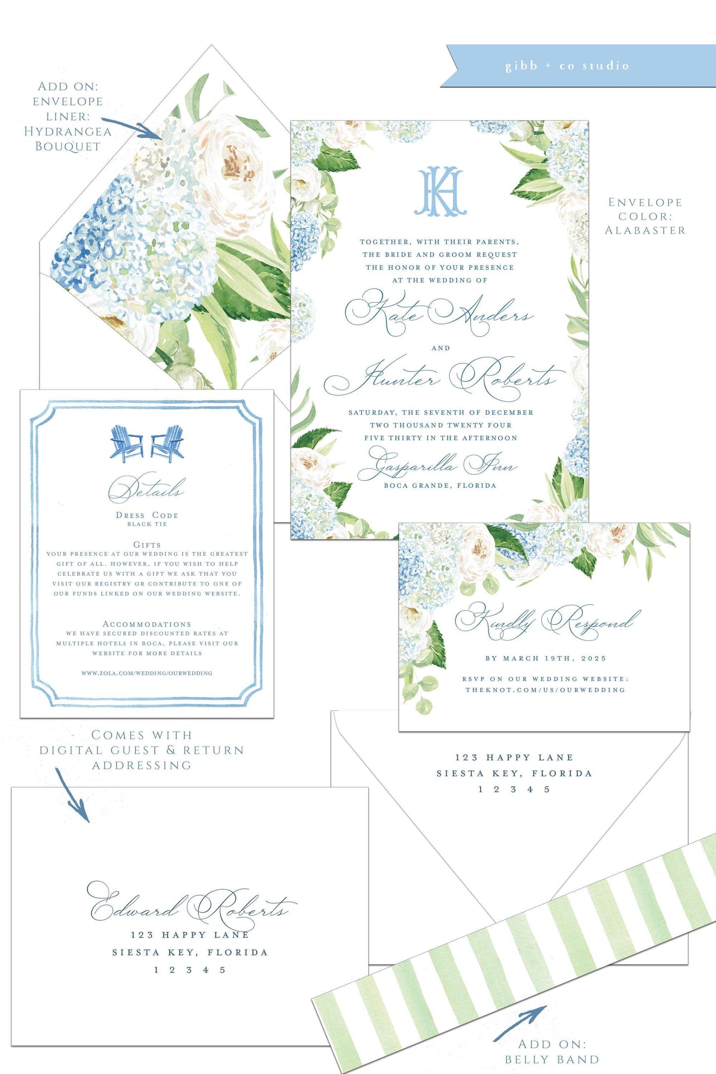 Elise Coastal wedding invitation, blue hydrangea, beach wedding, coastal wedding, watercolor, Semi Custom set, Nantucket style, deposit