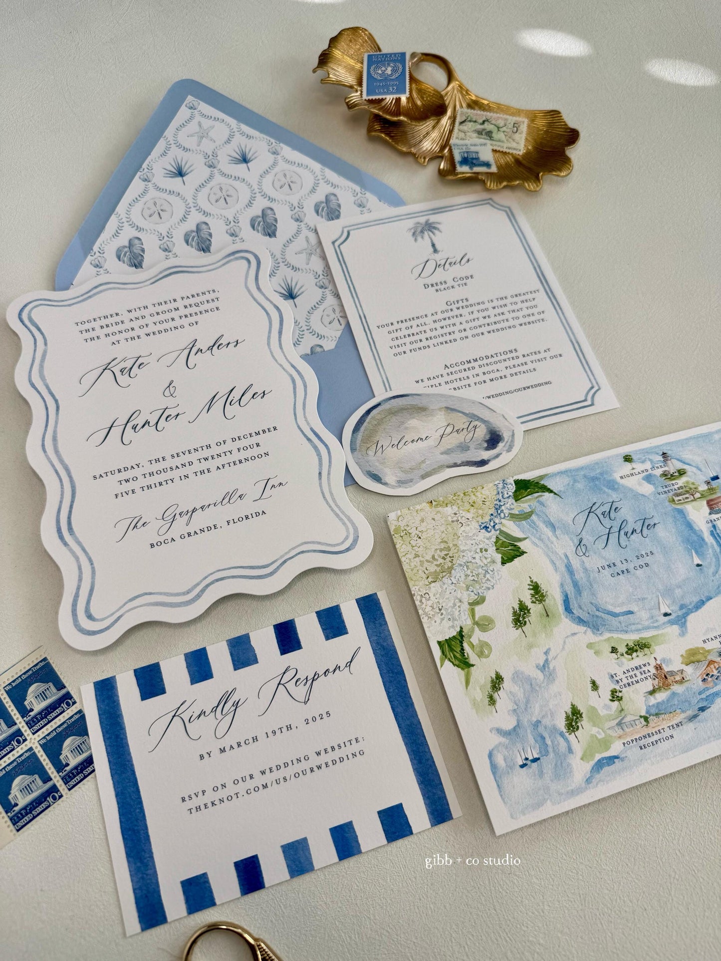 Grayson Coastal wedding invitation, beach wedding, nautical wedding, watercolor wedding, Semi Custom wedding set, blue, wedding details card