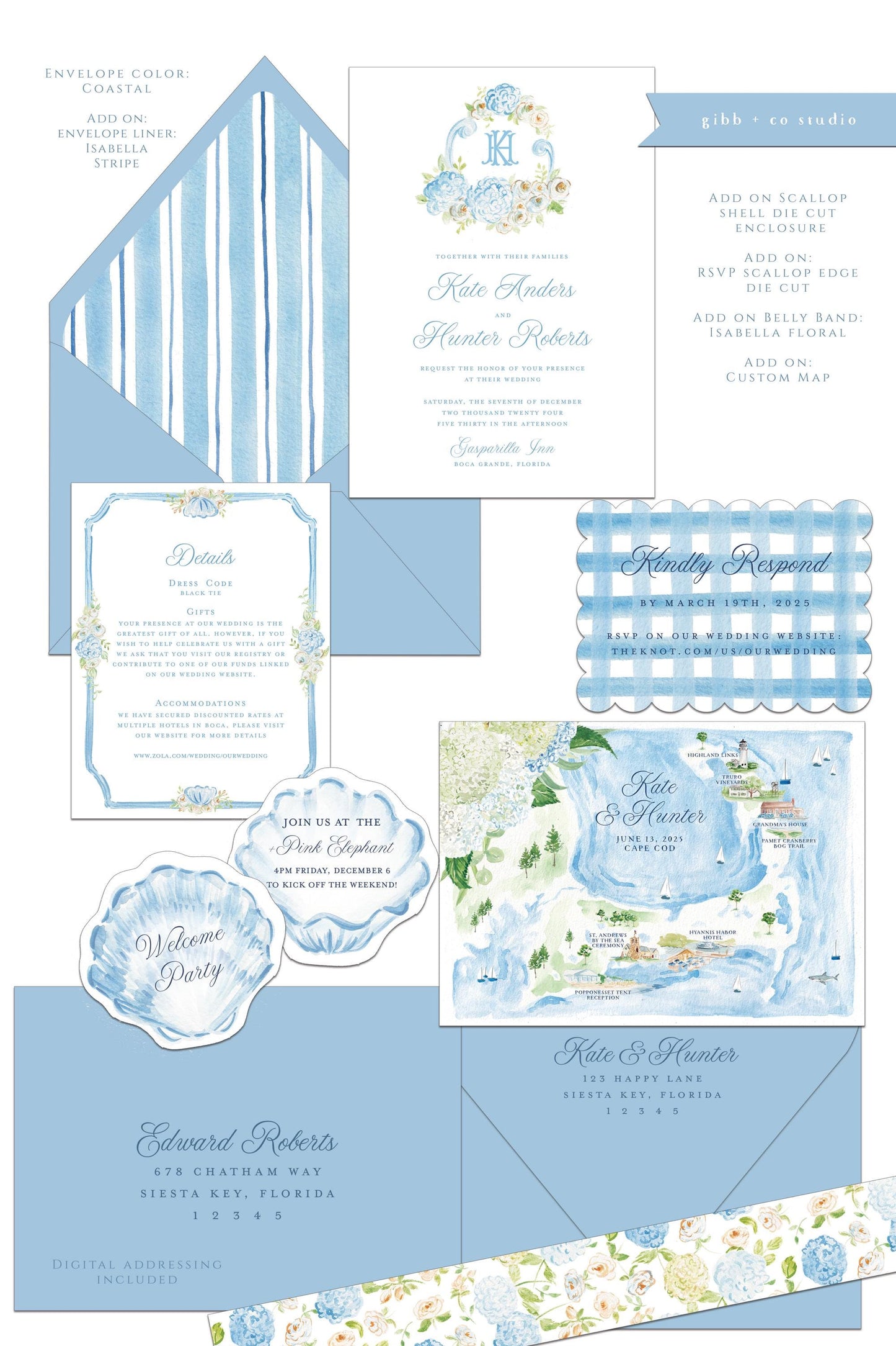 Catherine Coastal wedding invitation, blue hydrangea, beach wedding, coastal wedding, watercolor Semi Custom wedding set, deposit only