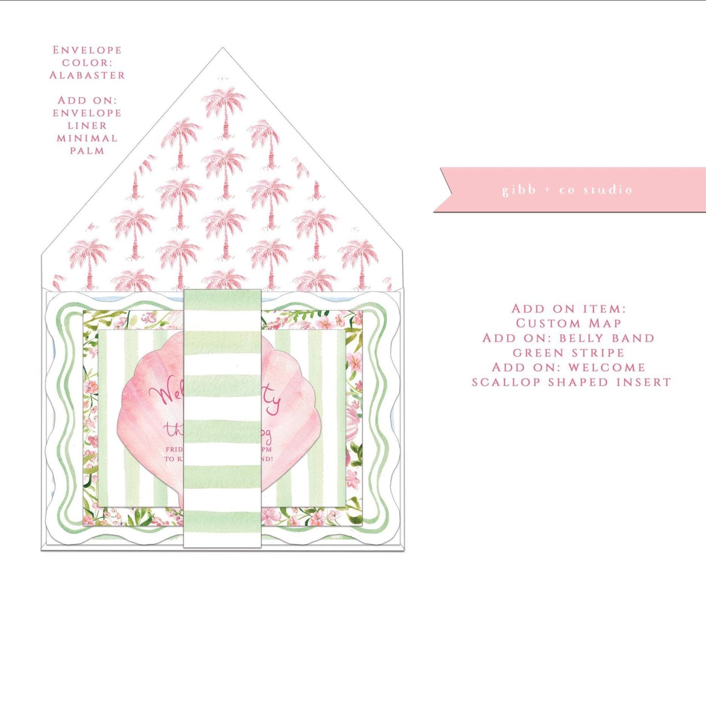 Closeup view of Sophie Wedding invitation suite stack featuring a main invitation with green border with white envelope and add on options of belly band, a welcome party scallop-shaped insert, and a custom map.