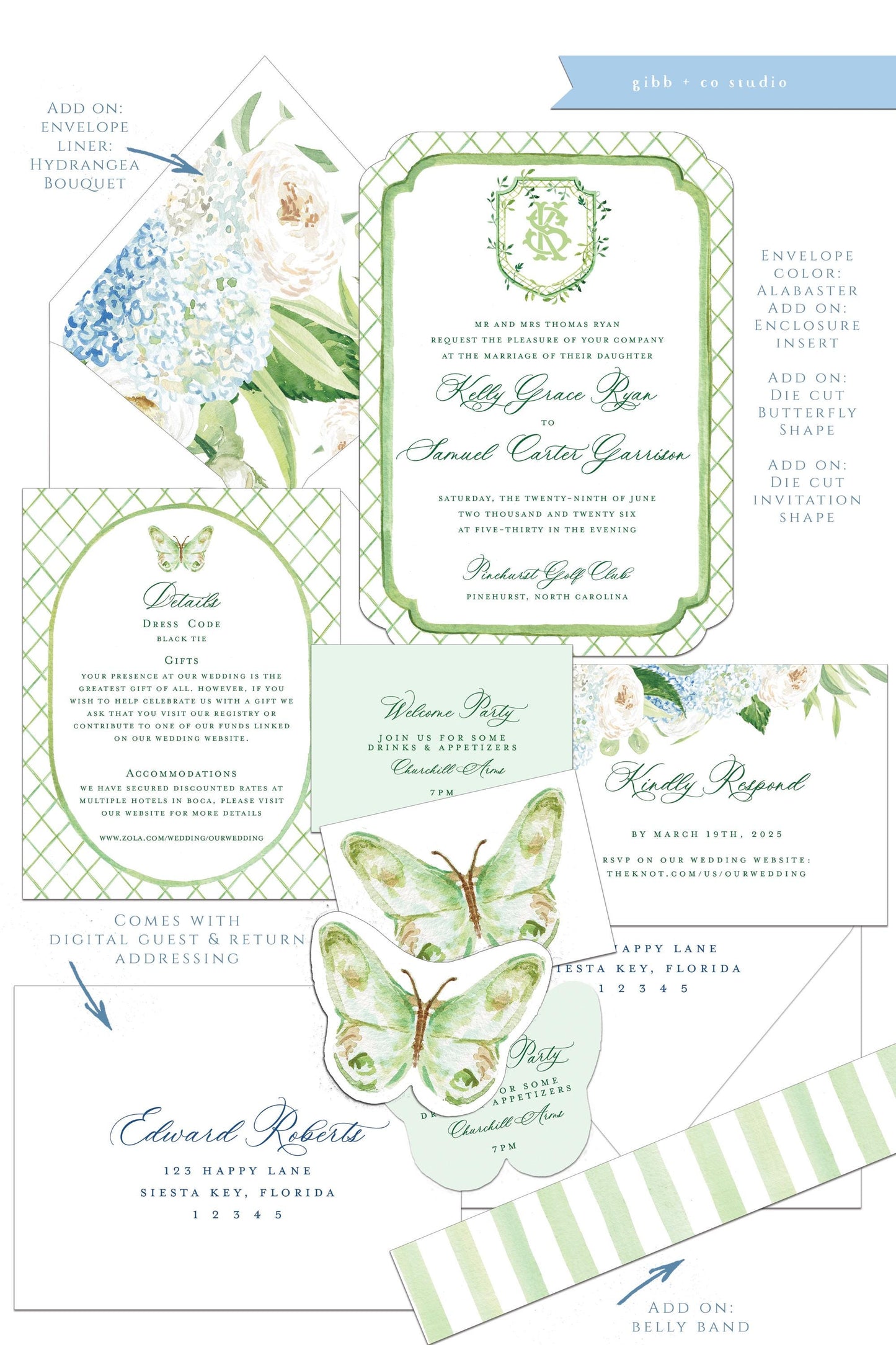 Lauren Coastal wedding invitation, blue hydrangea, beach wedding, coastal wedding, watercolor wedding, Semi Custom wedding set, Nantucket