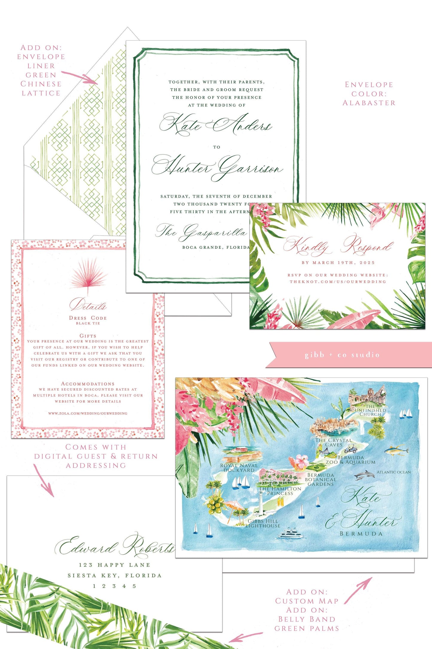 Tropical wedding invitations, beach wedding, Coastal wedding, Victoria Semi Custom wedding invites, rsvp, detail, watercolor palms, green
