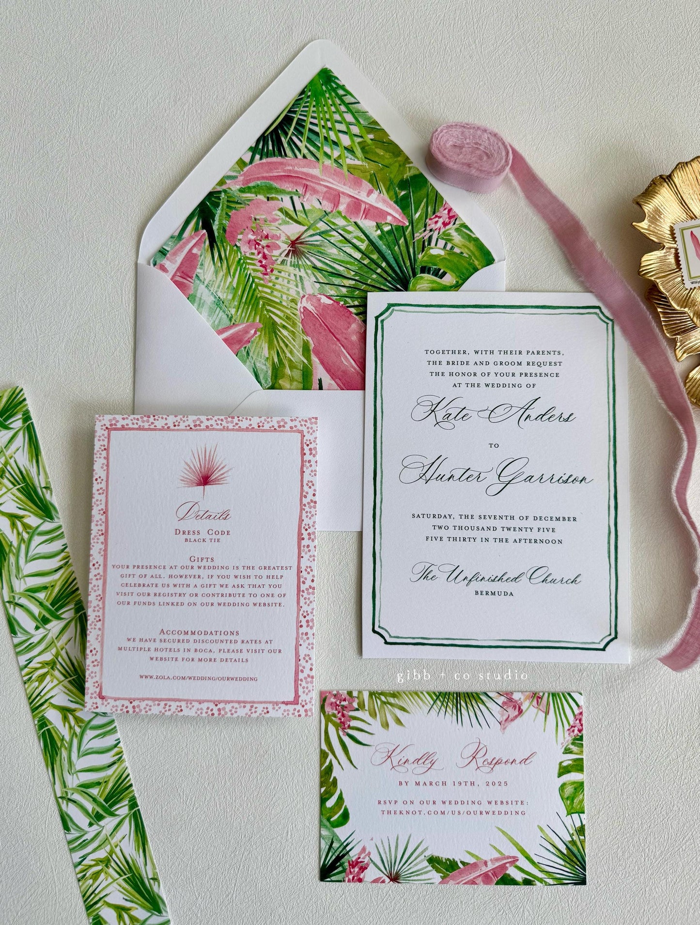 Tropical wedding invitations, beach wedding, Coastal wedding, Victoria Semi Custom wedding invites, rsvp, detail, watercolor palms, green