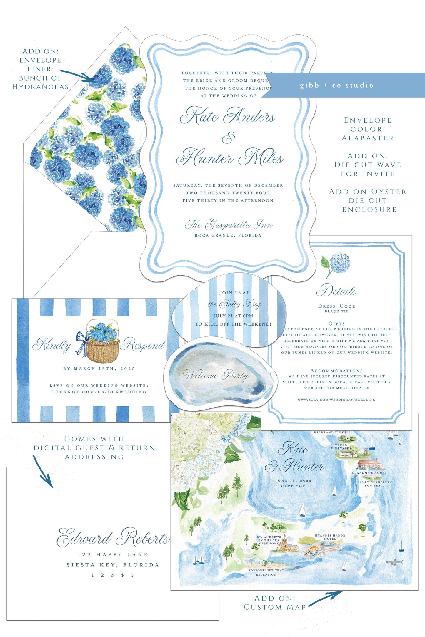 Anna Coastal wedding invitation, blue hydrangea, beach wedding, coastal wedding, watercolor wedding, Semi Custom wedding set, Nantucket