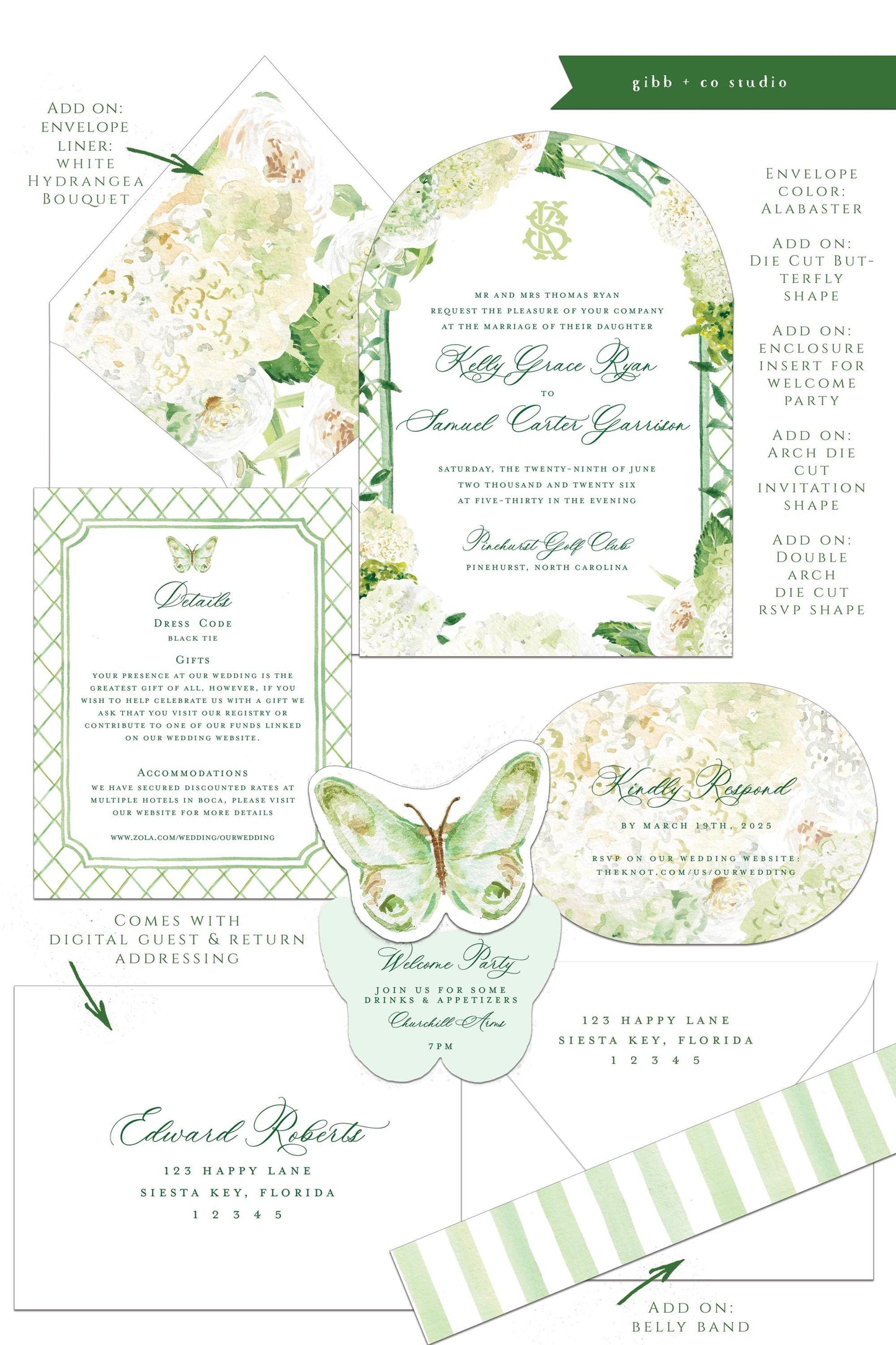 Evelyn Coastal wedding invitation, white hydrangea, beach wedding, coastal wedding, watercolor wedding, Semi Custom wedding set, garden