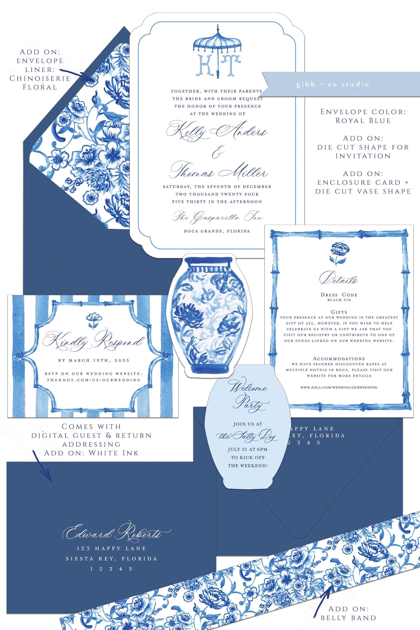 Maria Chinoiserie wedding invitation, blue floral, blue wedding, coastal watercolor wedding, Semi Custom wedding set, Blue Chinoiserie