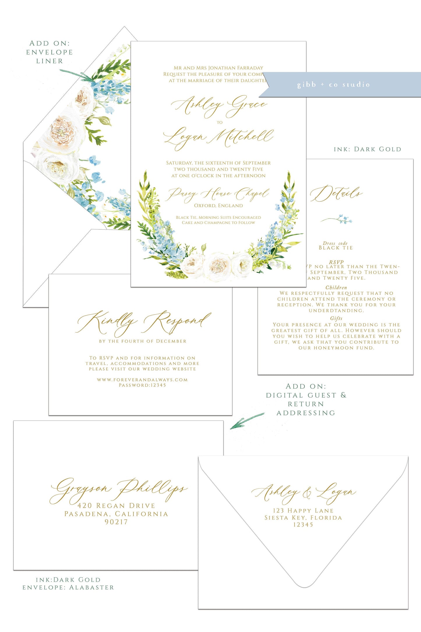 Floral wedding invitations, Semi Custom printed wedding invitations, blue, white, green, hand painted wedding set, rsvp, details