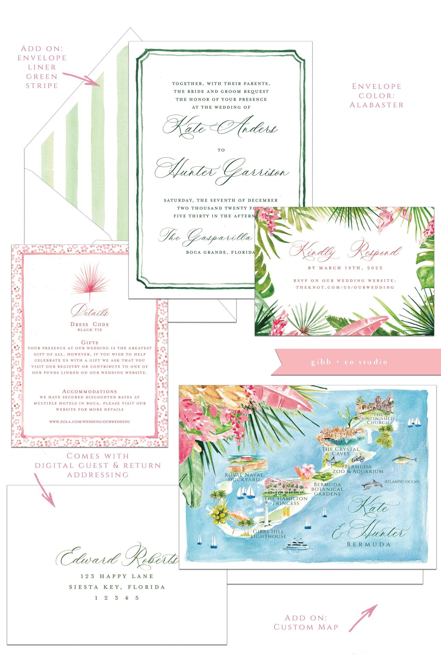Tropical wedding invitations, beach wedding, Coastal wedding, Victoria Semi Custom wedding invites, rsvp, detail, watercolor palms, green