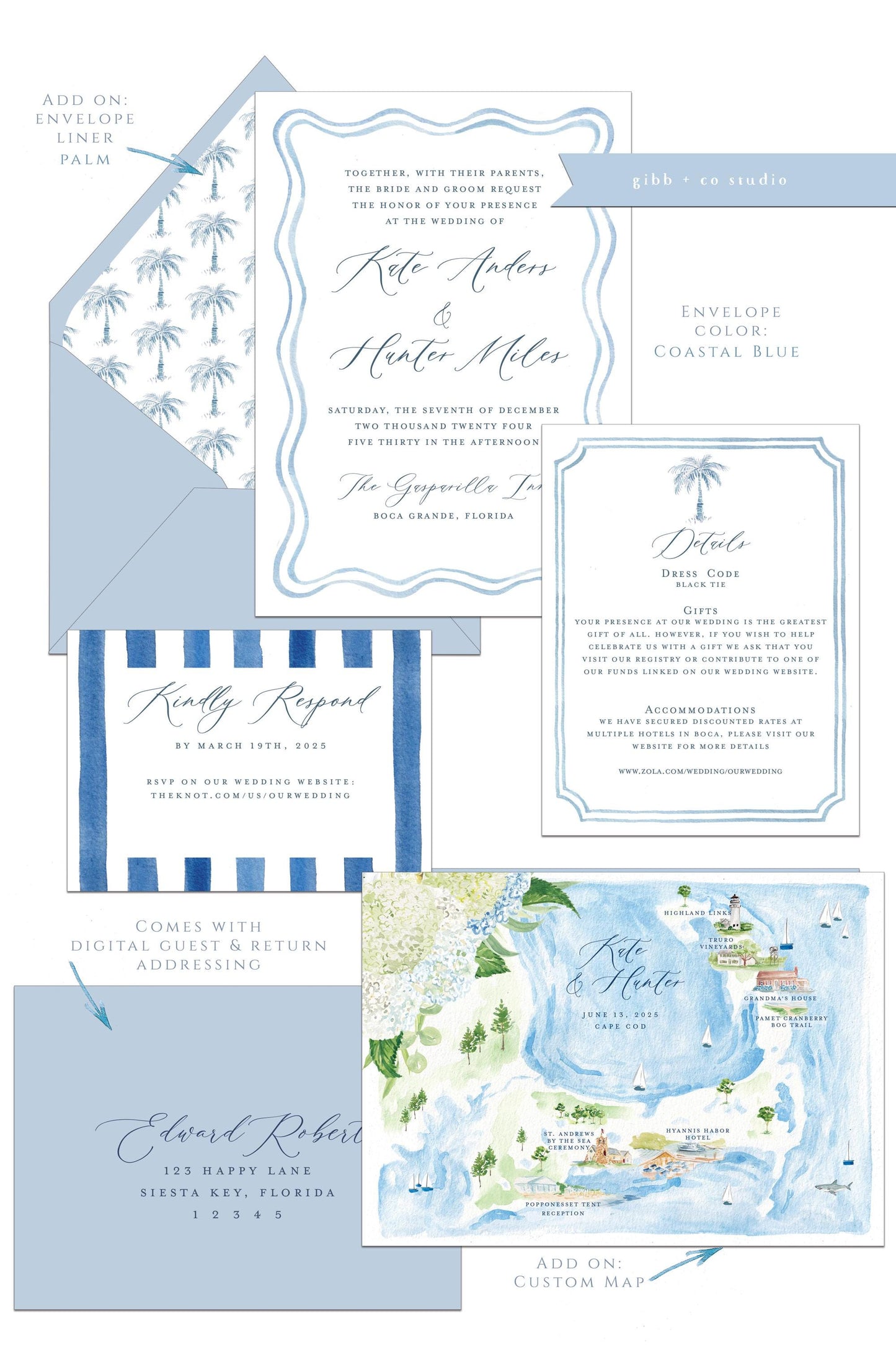 Grayson Coastal wedding invitation, beach wedding, nautical wedding, watercolor wedding, Semi Custom wedding set, blue, wedding details card