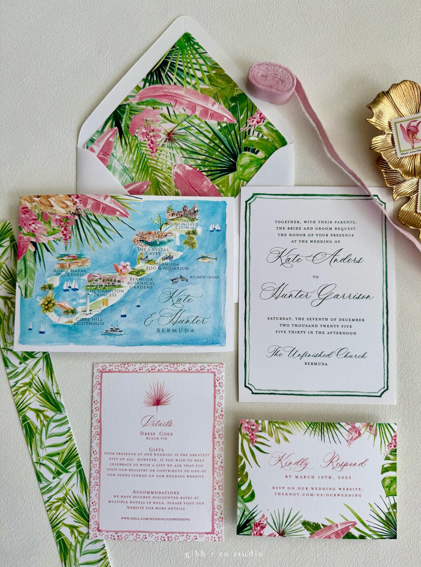 Tropical wedding invitations, beach wedding, Coastal wedding, Victoria Semi Custom wedding invites, rsvp, detail, watercolor palms, green