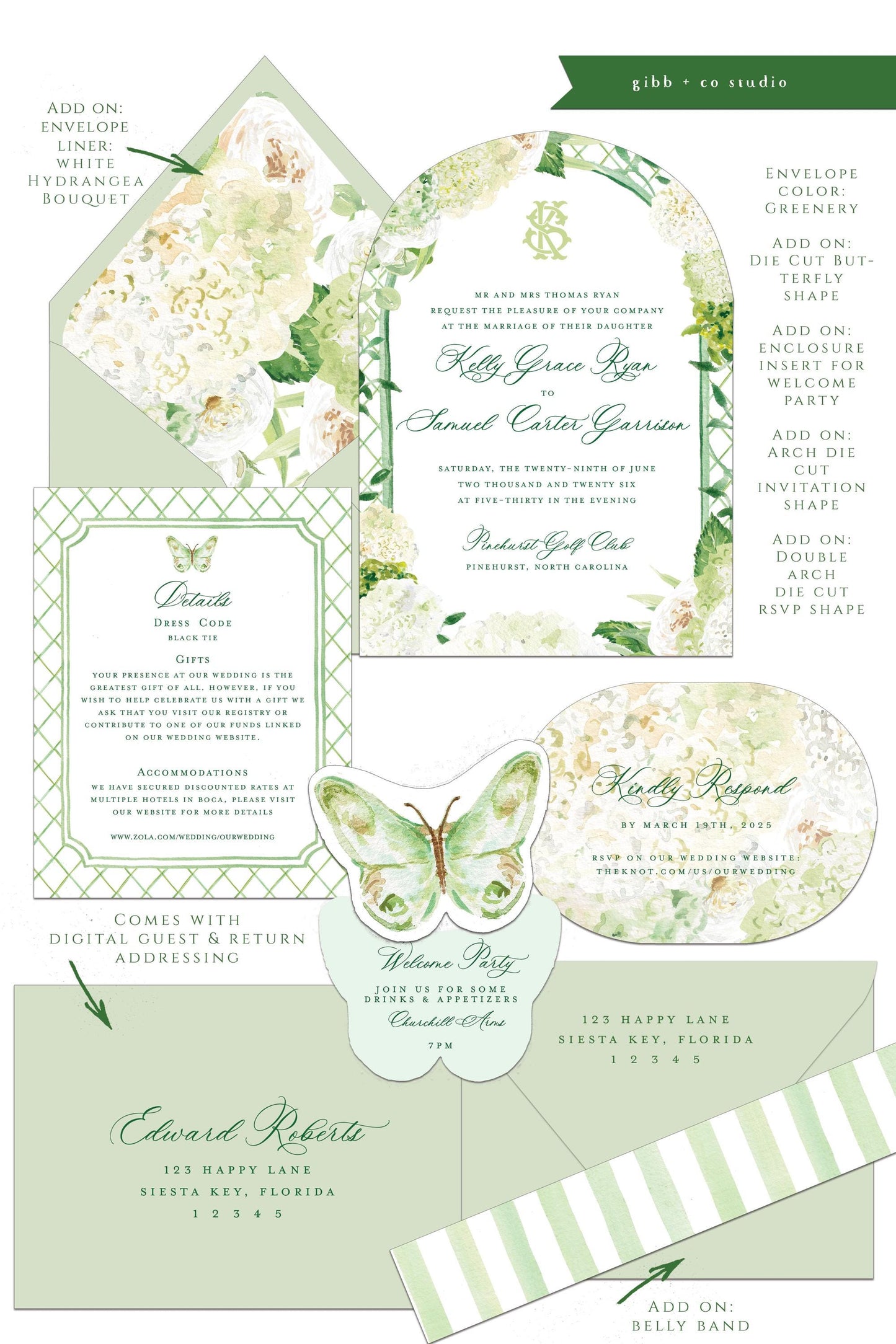 Evelyn Coastal wedding invitation, white hydrangea, beach wedding, coastal wedding, watercolor wedding, Semi Custom wedding set, garden