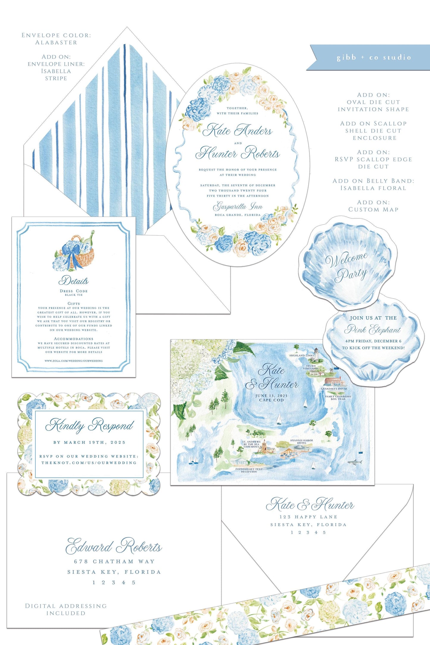 Kelsey Coastal wedding invitation, blue hydrangea, beach wedding, coastal wedding, watercolor Semi Custom wedding set, deposit only