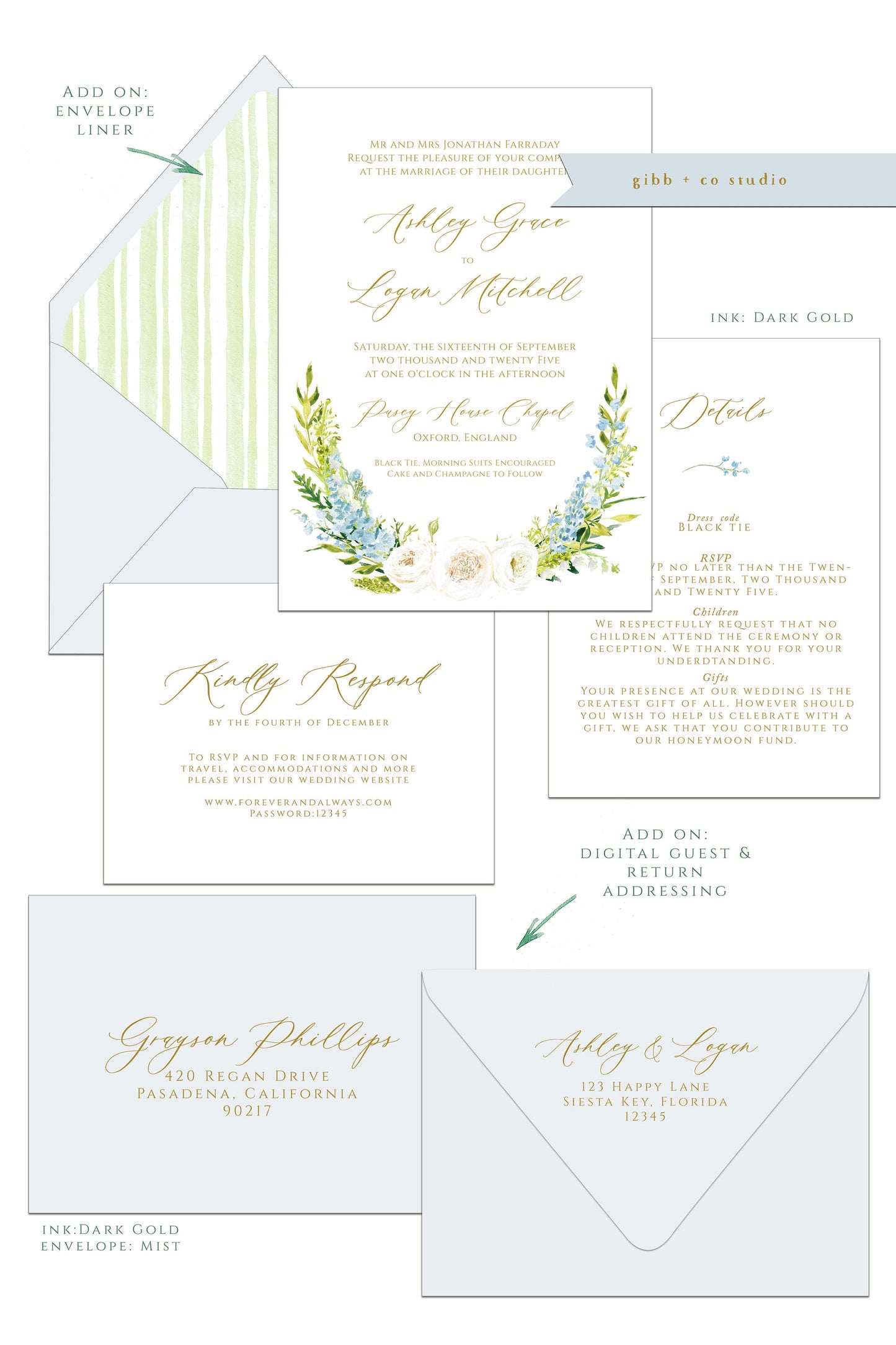 Floral wedding invitations, Semi Custom printed wedding invitations, blue, white, green, hand painted wedding set, rsvp, details