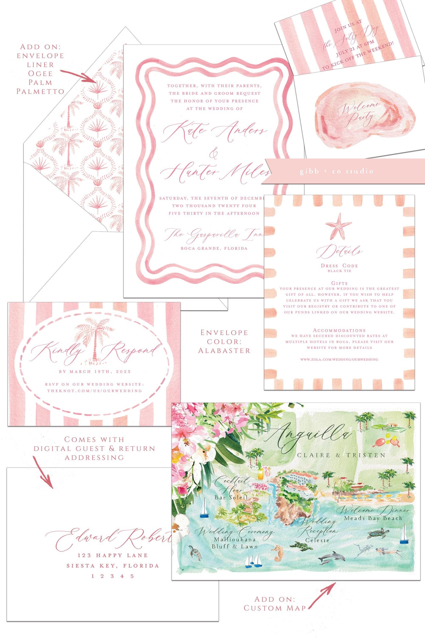 Pink Coastal wedding invitations, beach wedding, Bliss Semi Custom wedding invites, wedding invites, rsvp, wedding details card, watercolor