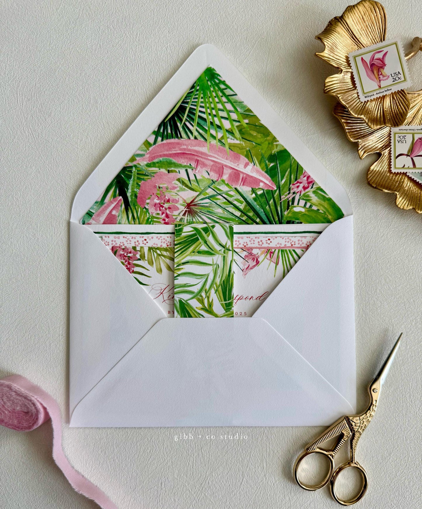 Tropical wedding invitations, beach wedding, Coastal wedding, Victoria Semi Custom wedding invites, rsvp, detail, watercolor palms, green