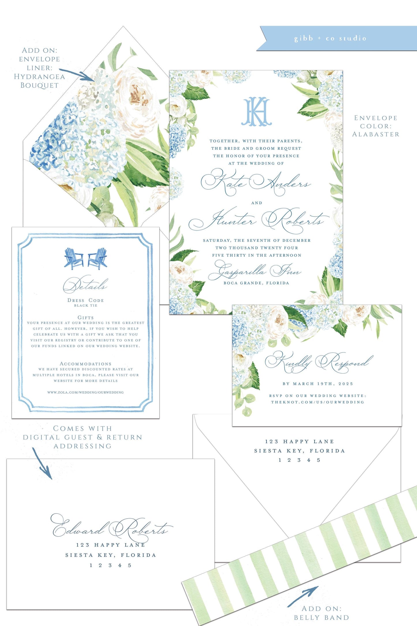 Elise Coastal wedding invitation, blue hydrangea, beach wedding, coastal wedding, watercolor wedding, Semi Custom wedding set, Nantucket
