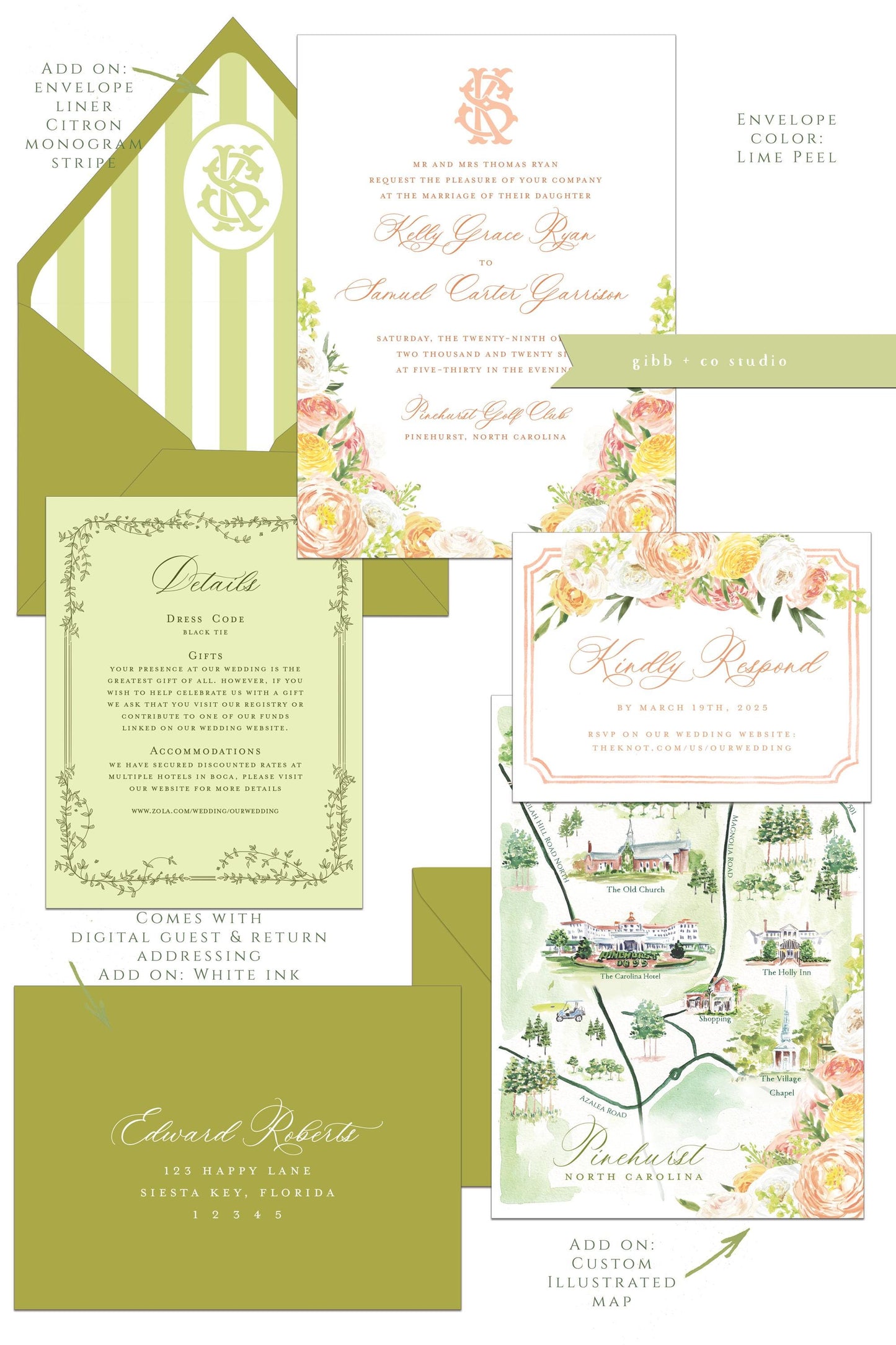 Floral wedding invitations, garden wedding, Julie Semi Custom wedding invites, rsvp, detail, peony, roses, watercolor floral invitation