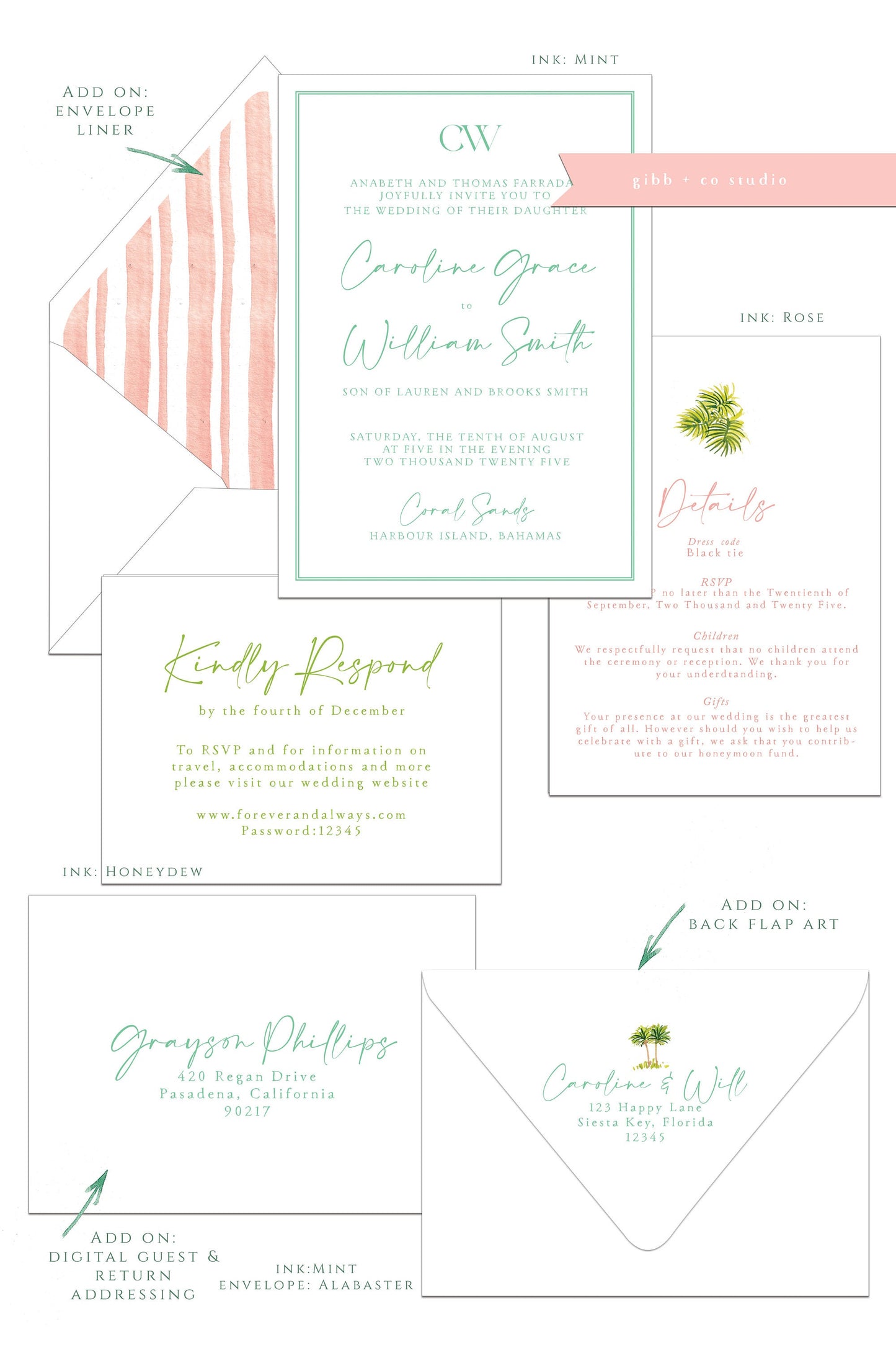 Tropical wedding invitations, Semi Custom printed wedding invitations, pink, hand painted wedding set, wedding invites, rsvp, details