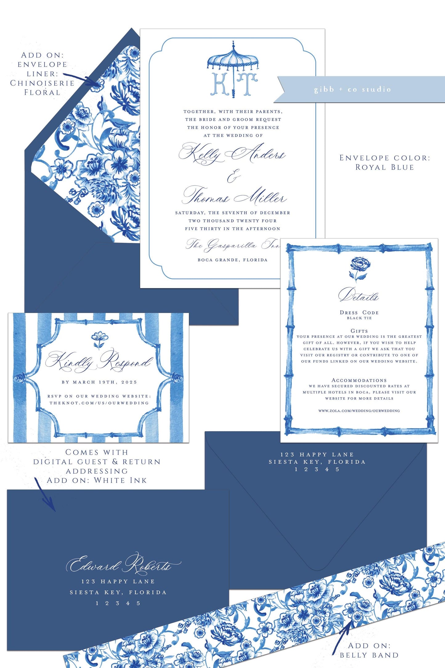 Maria Chinoiserie wedding invitation, blue floral, blue wedding, coastal watercolor wedding, Semi Custom wedding set, Blue Chinoiserie
